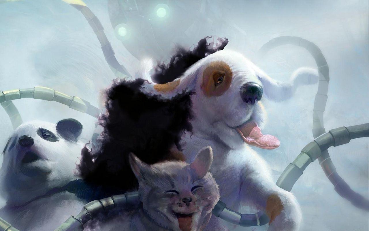 1280x800 Download wallpaper 1280x800 panda, cat, dog, tentacles, robot