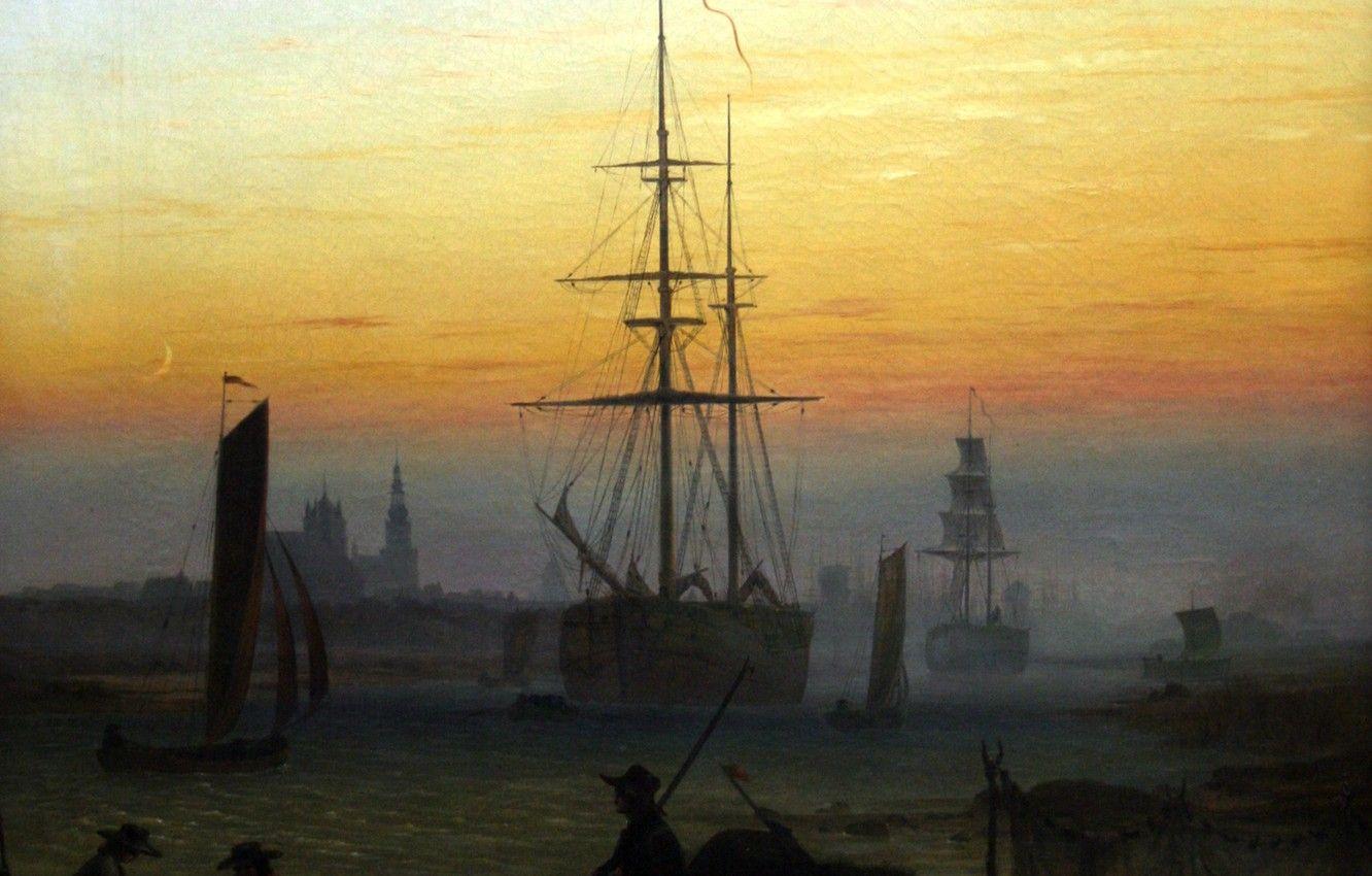 1332x850 Wallpaper ship, picture, silhouette, Harbour, Caspar David