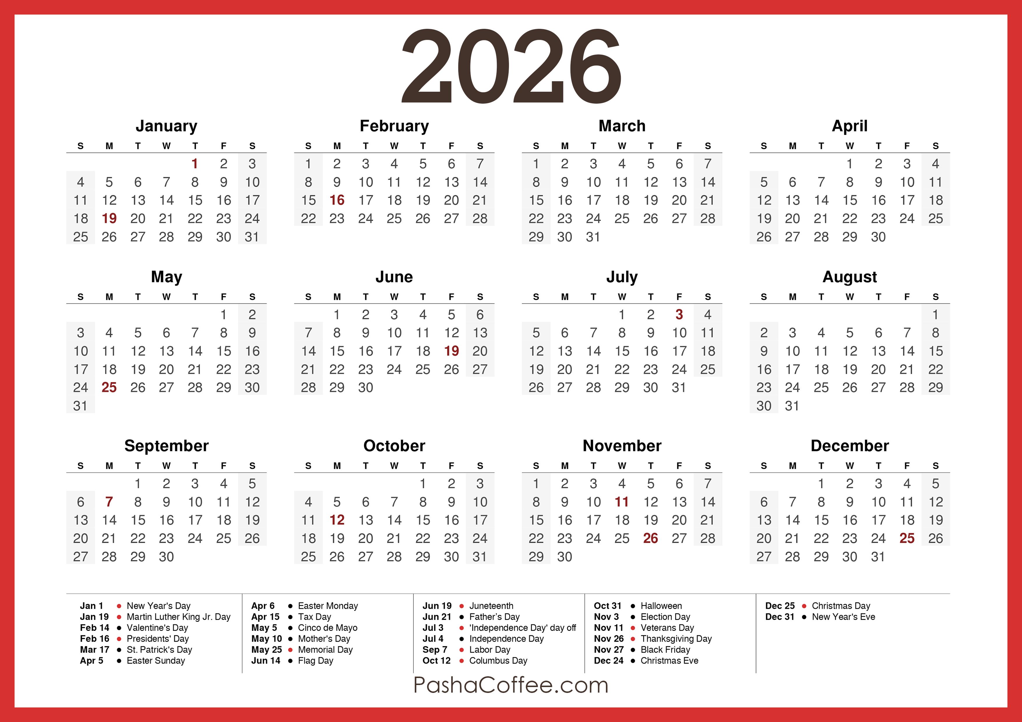 3508x2480 Calendar with Holidays, Printable Free, Horizontal, Red