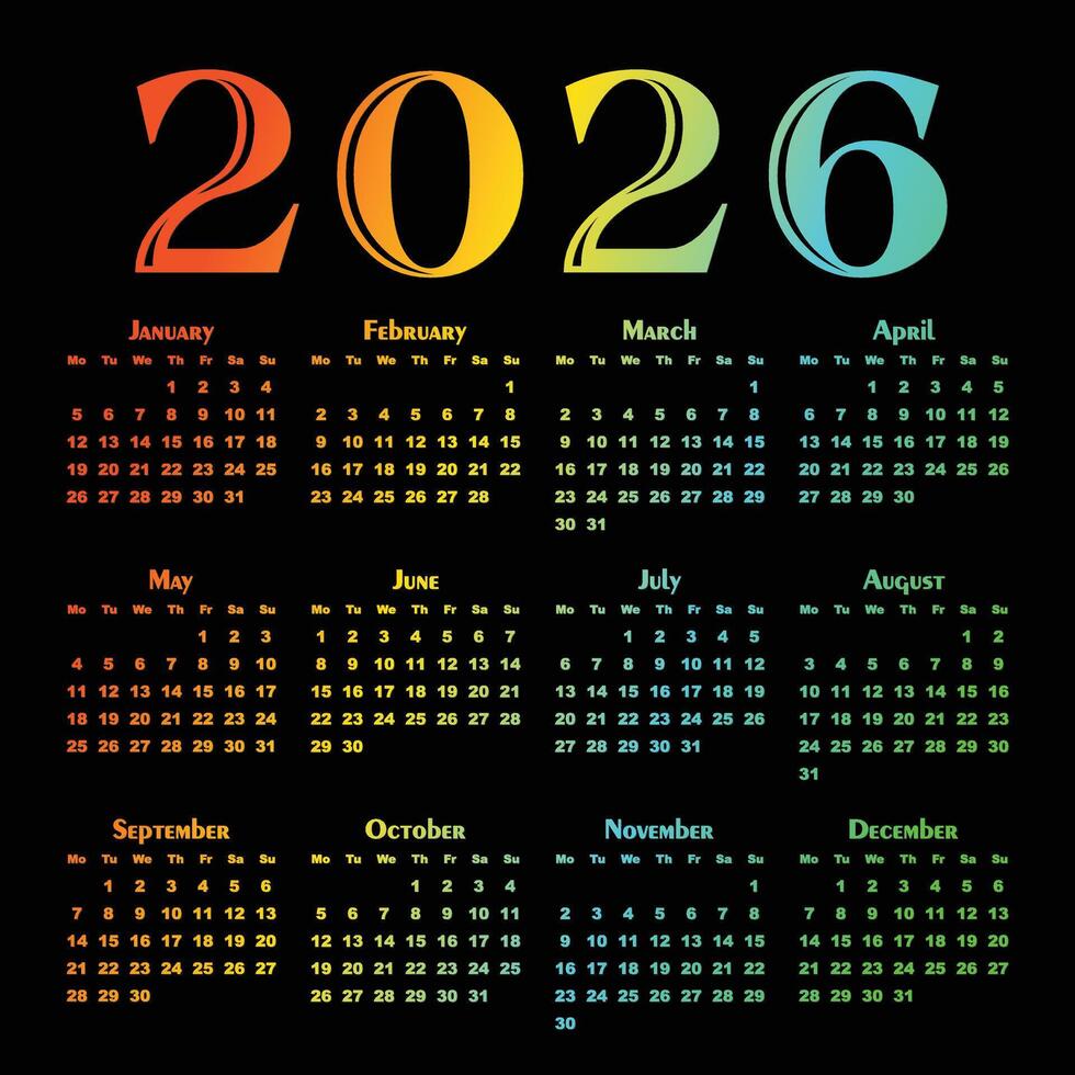 980x980 A color calendar template for a year 2026