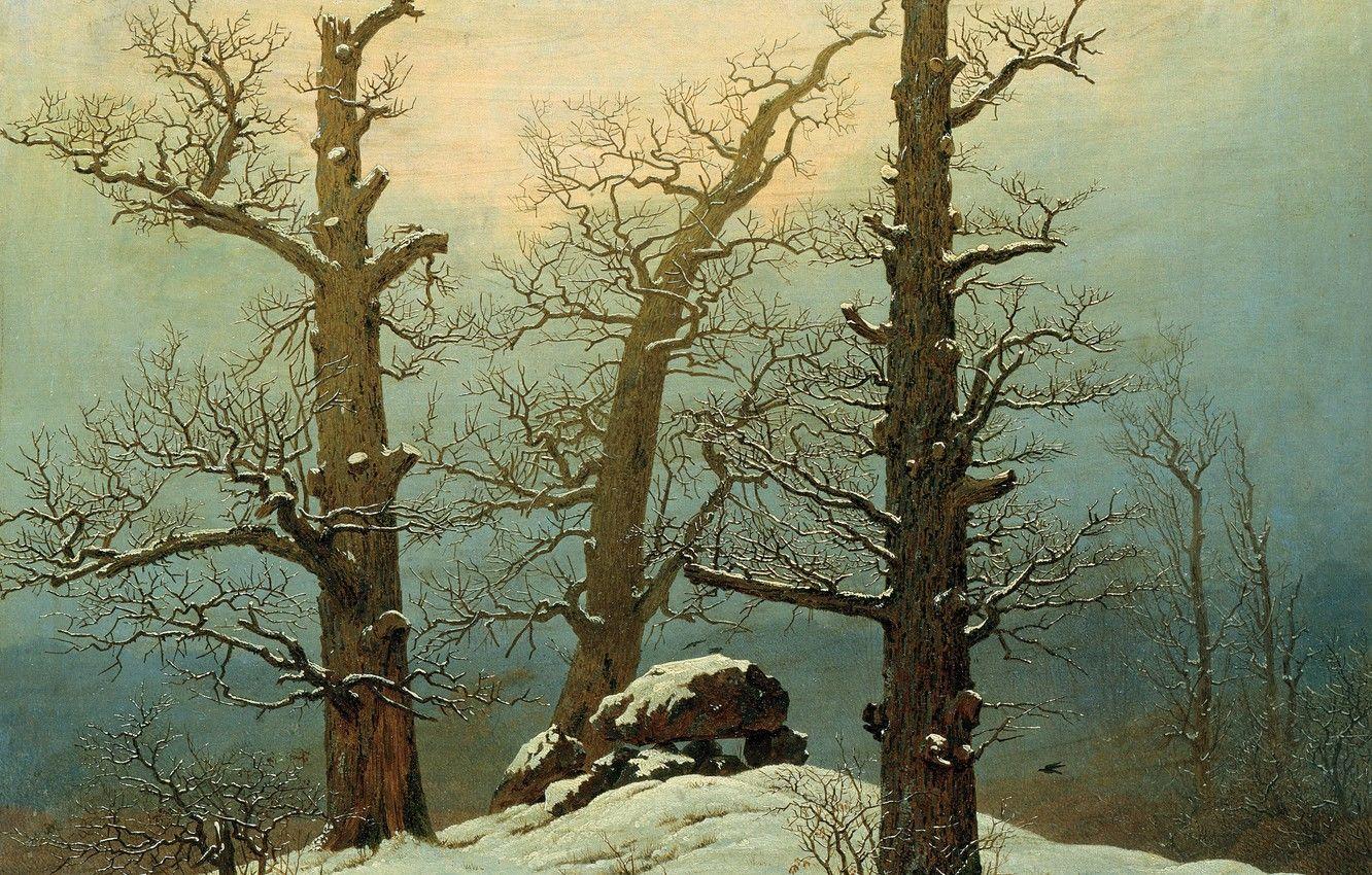 1332x850 Wallpaper winter, trees, landscape, stones, picture, Caspar David