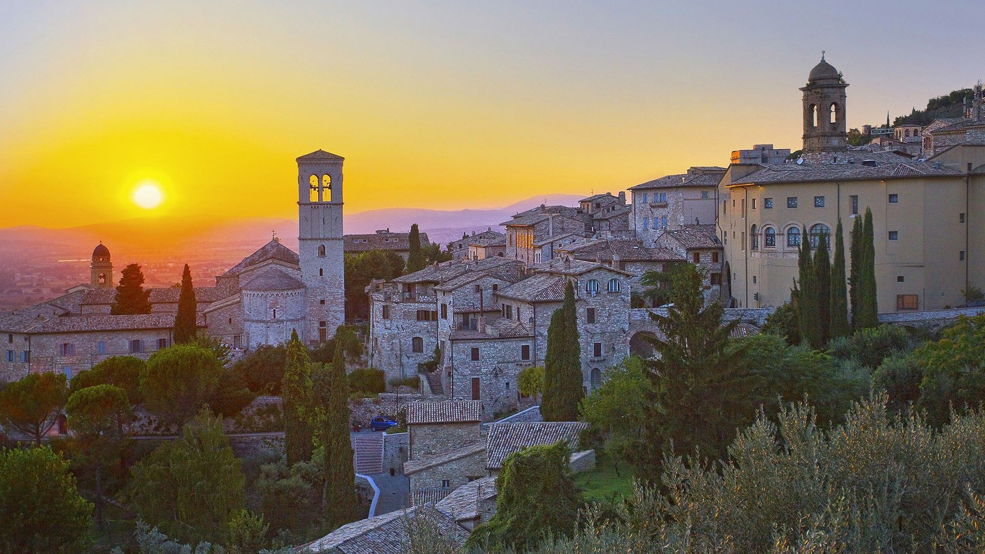 1920x1080 Wallpaper city, cathedral, sky, trees, landscape, Italy, sunset, sun for mobile and desktop, section город, resolution 1920x1080