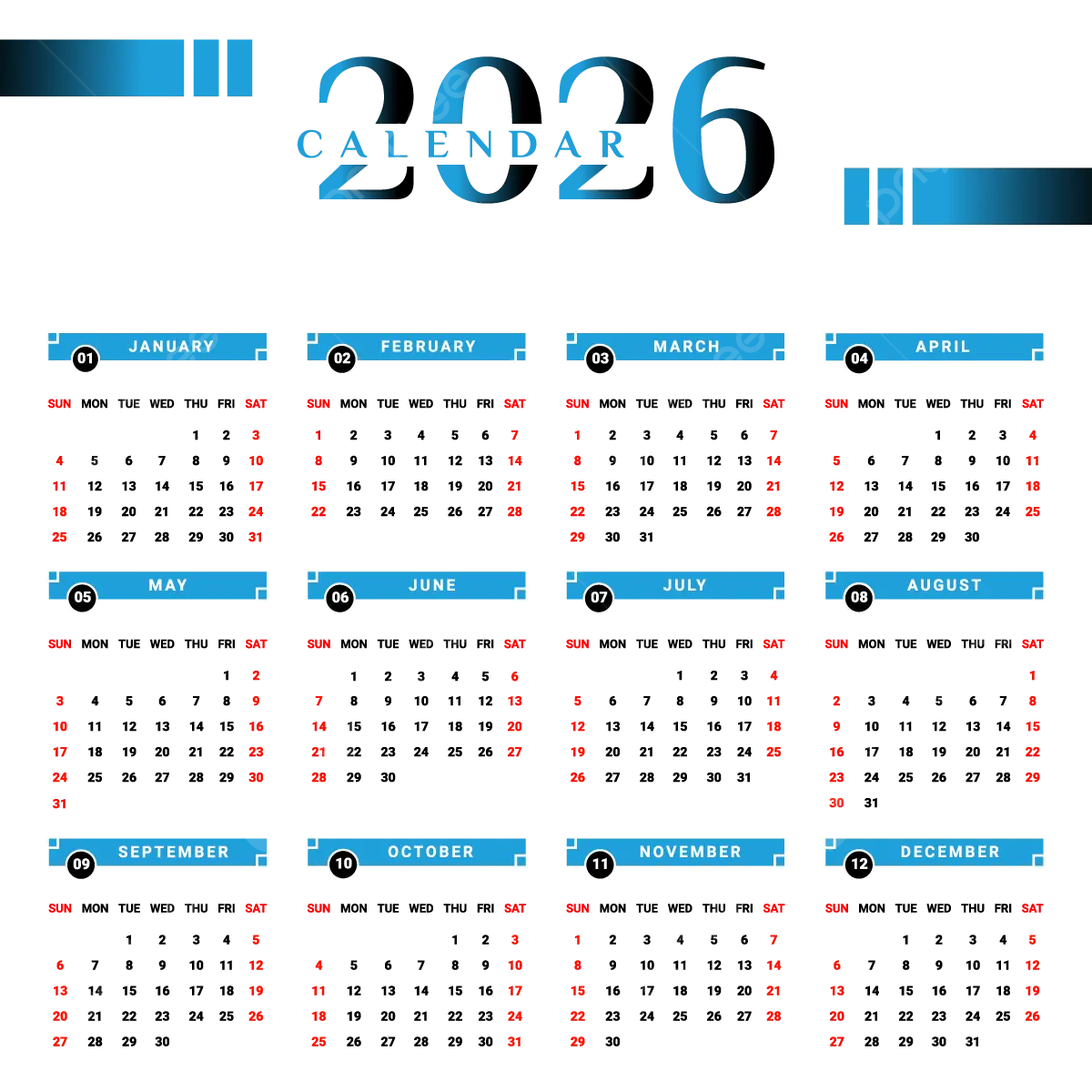 1200x1200 Calendar With Black And Skyblue Geometric Shape Vector, Calendar, 2026 Calendar, Yearly Calendar PNG and Vector with Transparent Background for Free Download