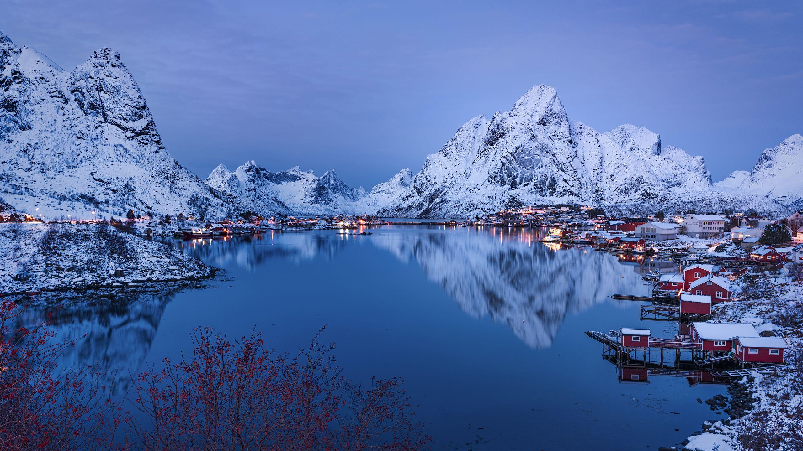 2560x1440 Wallpaper Lofoten Norway Reine Nature Winter Mountains 2560x1440