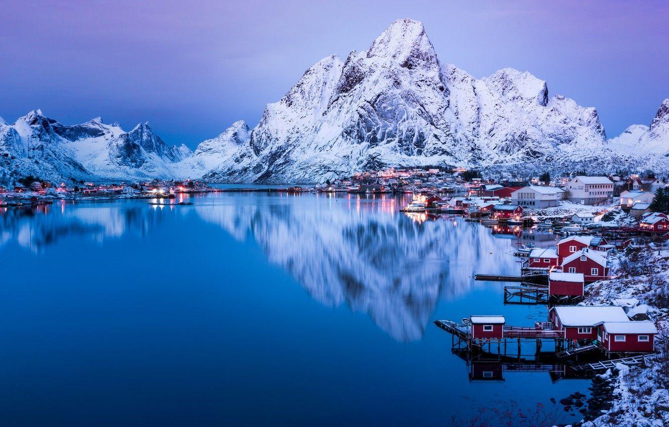 1332x850 Wallpaper winter, the sky, water, snow, mountains, lights