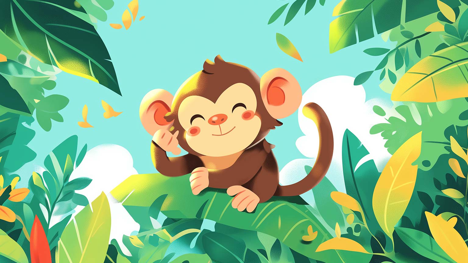 1536x864 Cute Monkey on Leaves Art Desktop Wallpaper
