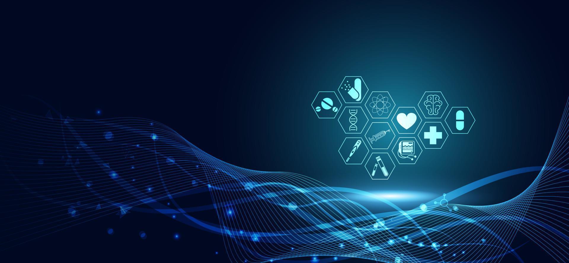 1920x888 Abstract health medical science healthcare icon digital technology science concept modern innovation, Treatment, medicine on hi tech future blue background. for wallpaper, template, web design