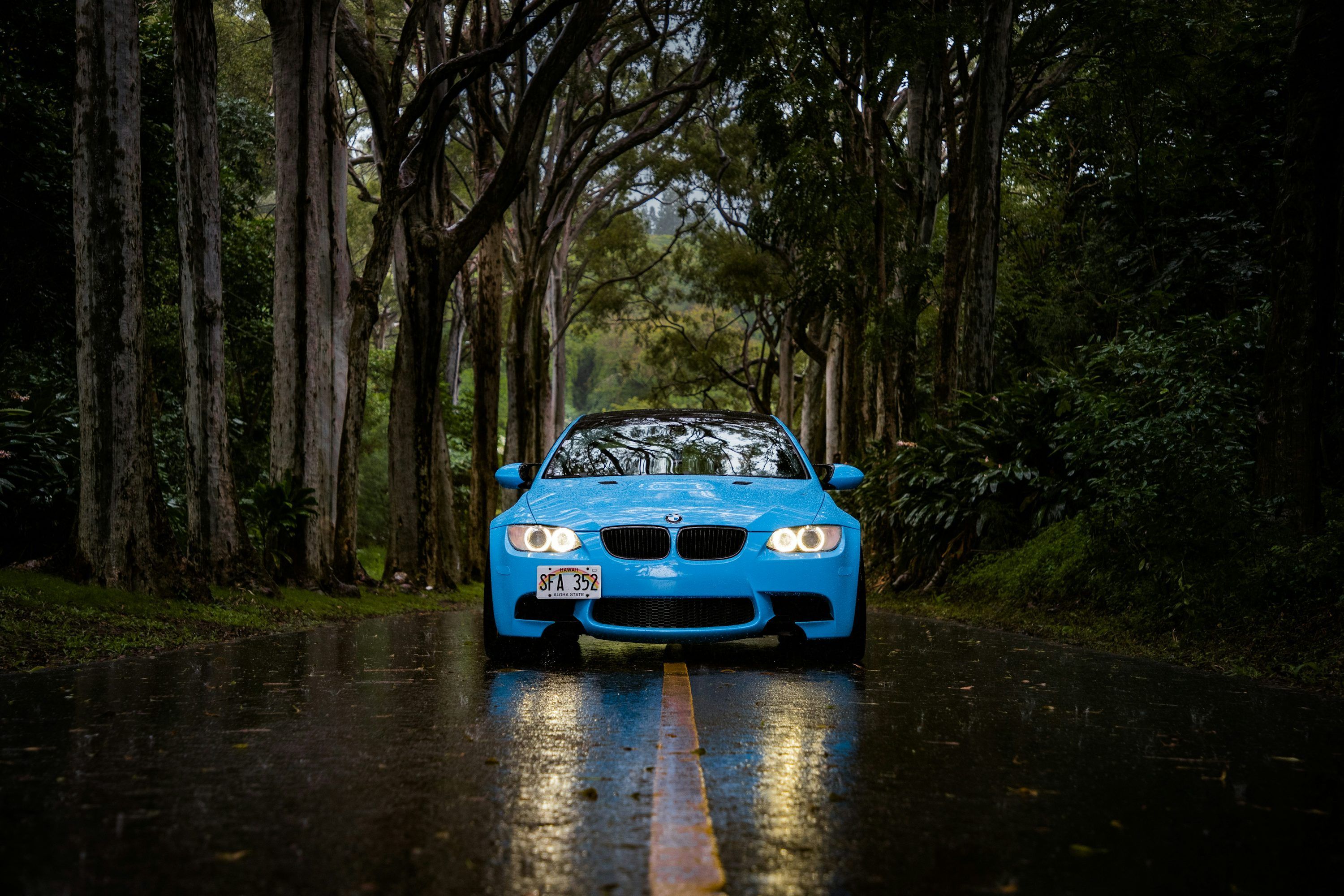3000x2000 Blue BMW car passing through forest photo