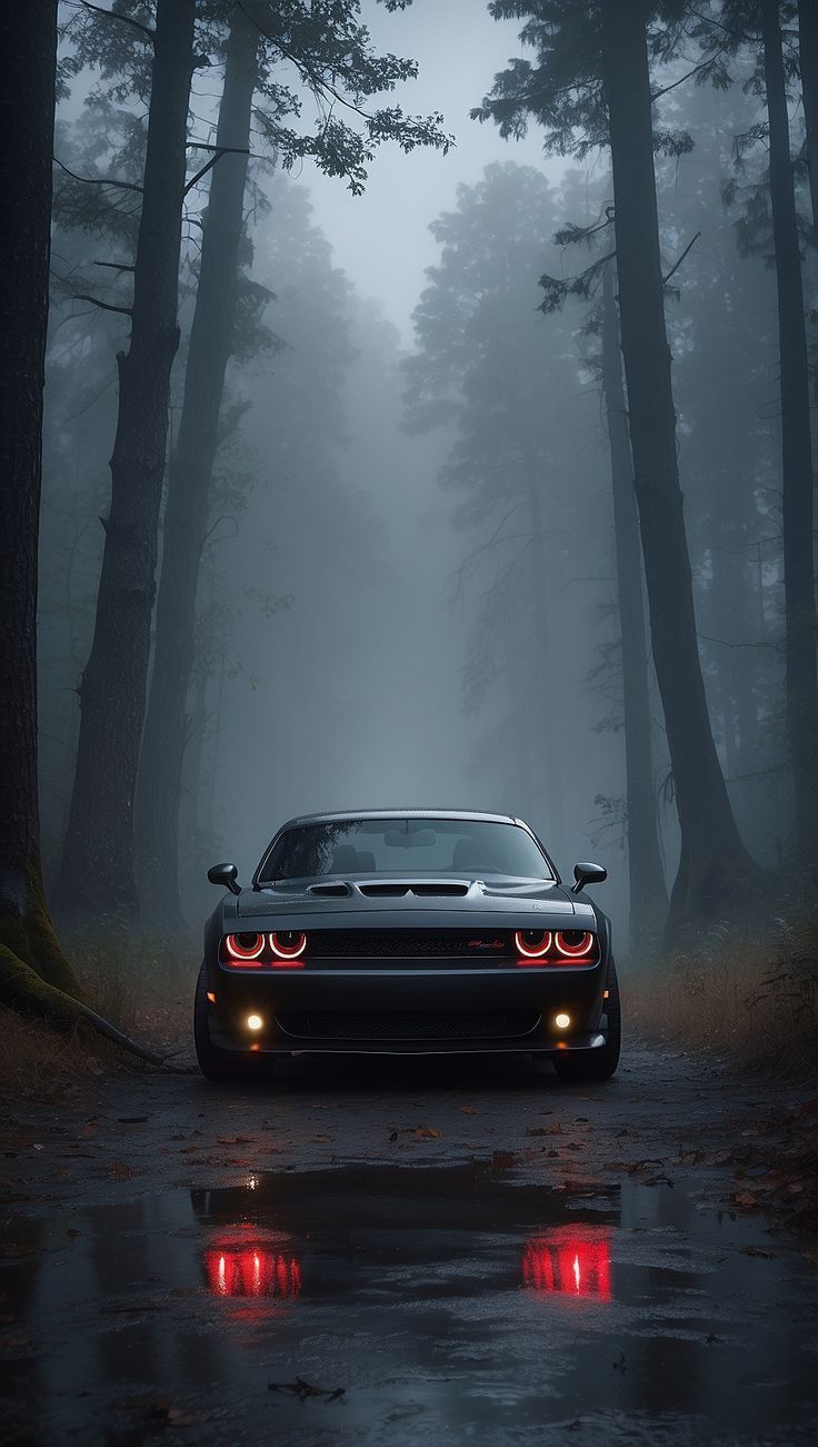 736x1301 Black Sports Car in a Foggy Forest
