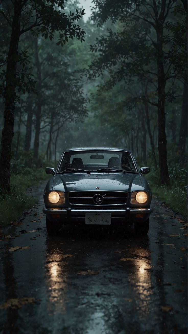 736x1308 Wallpaper road, vintage car, rain, forest, AI 4K by ♤CRISTIAN♧¿. Download wallpaper road, vintage car, rain, forest for free