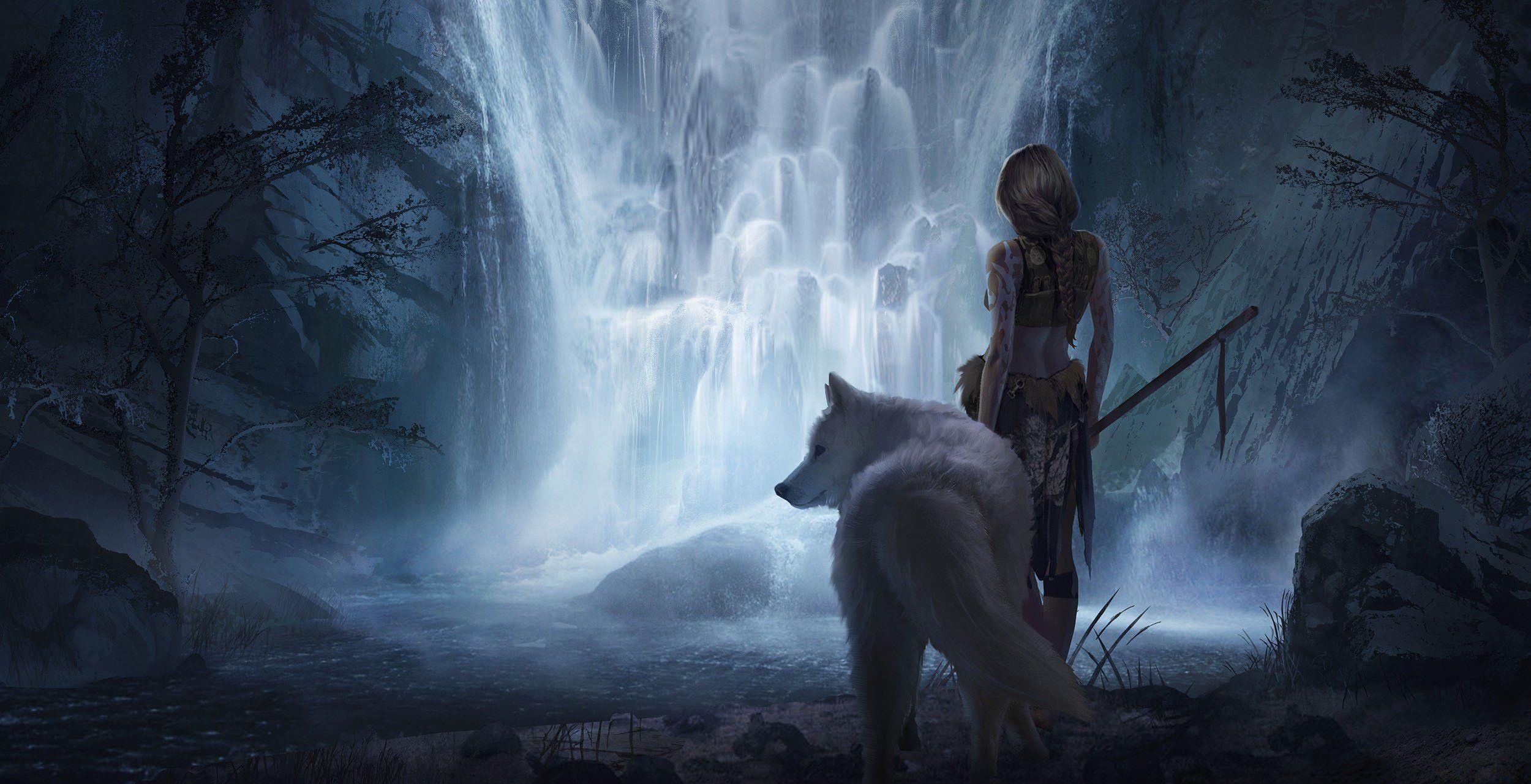 2500x1281 Fantasy girl beauty beautiful long hair woman warrior animal