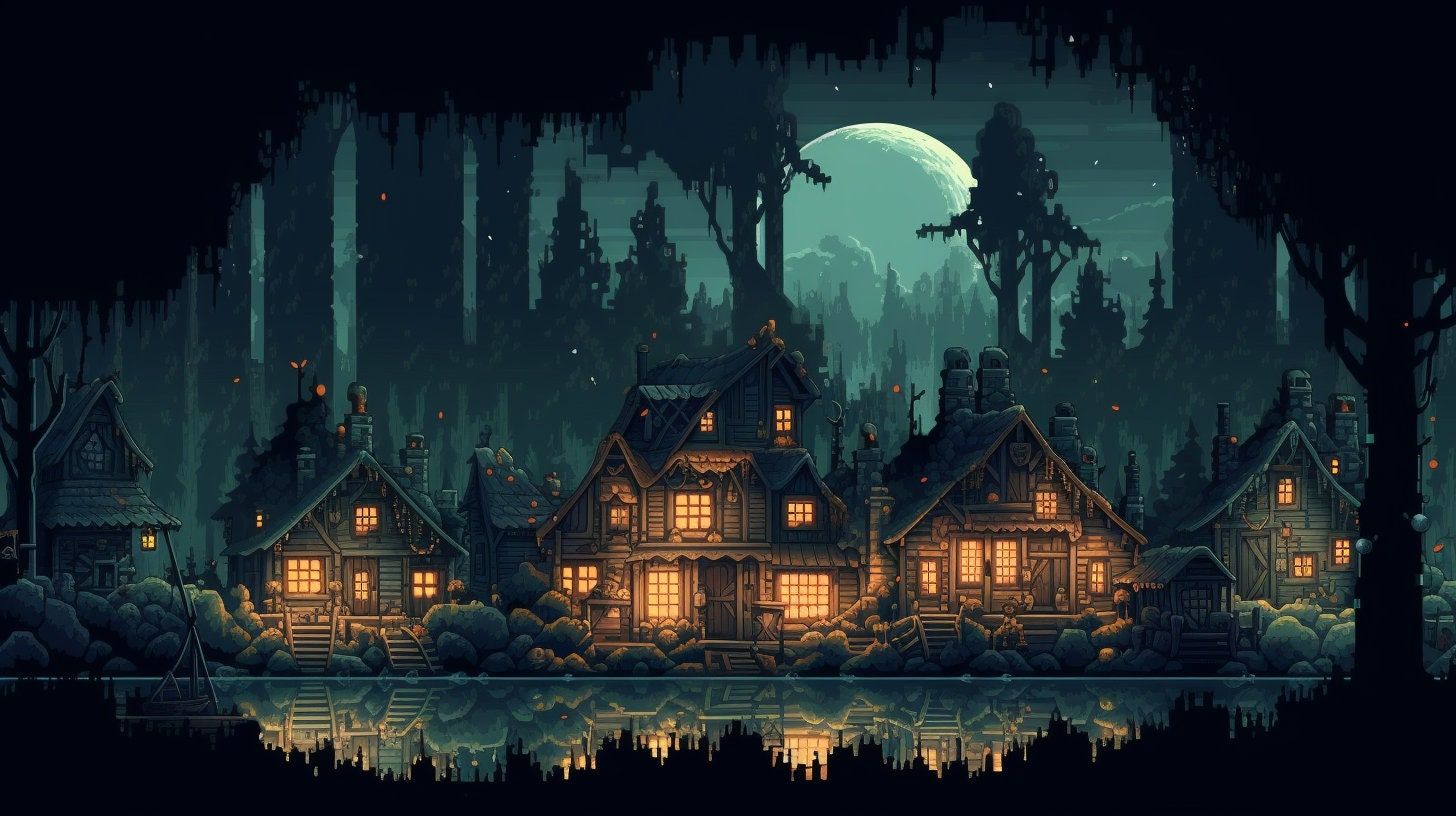 1456x816 Goblin Village 2D RPG Pixel Art Background (digital Art)