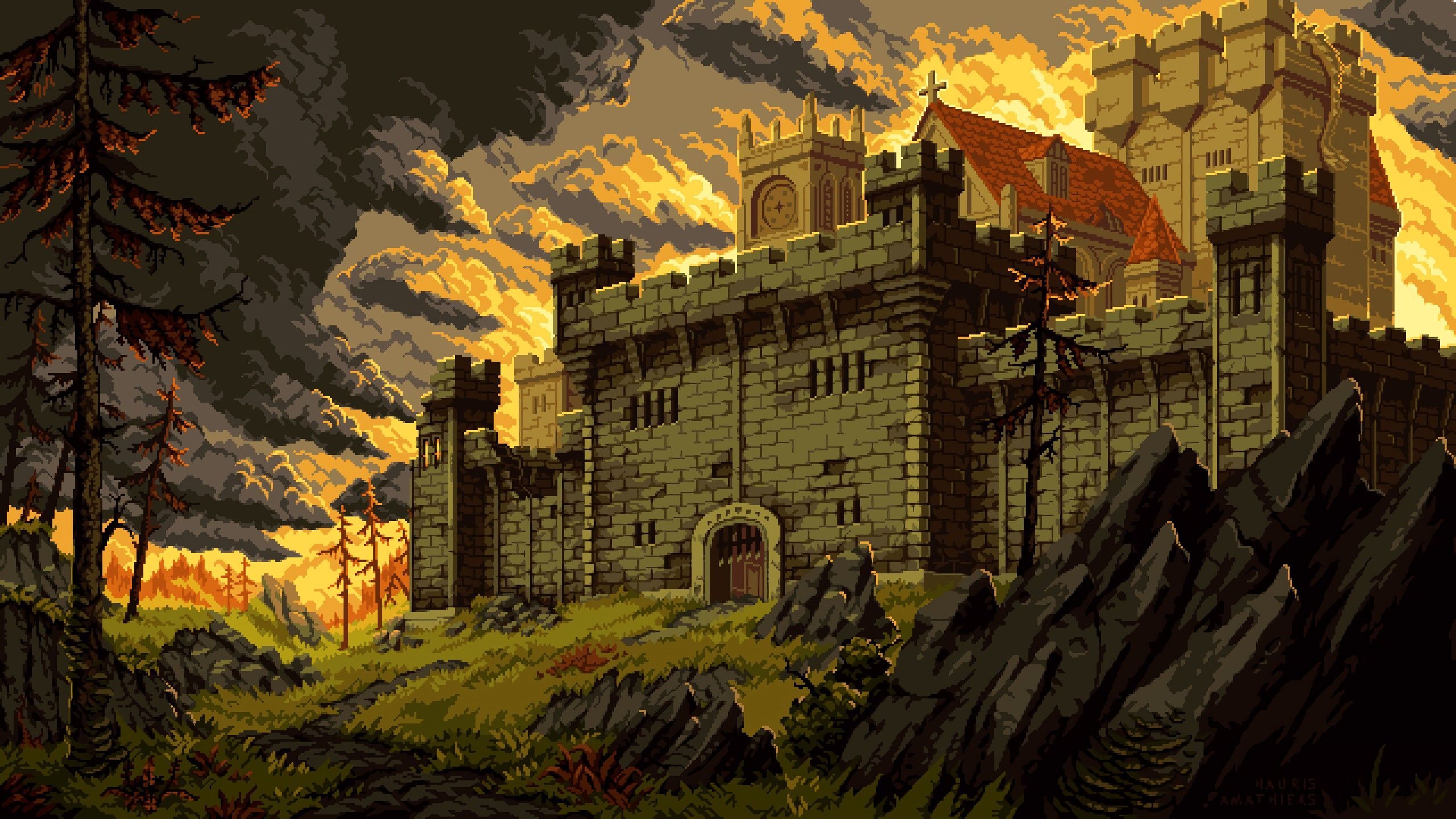 2560x1440 dark, castle, fantasy art, pixel art, clouds, HD Wallpaper