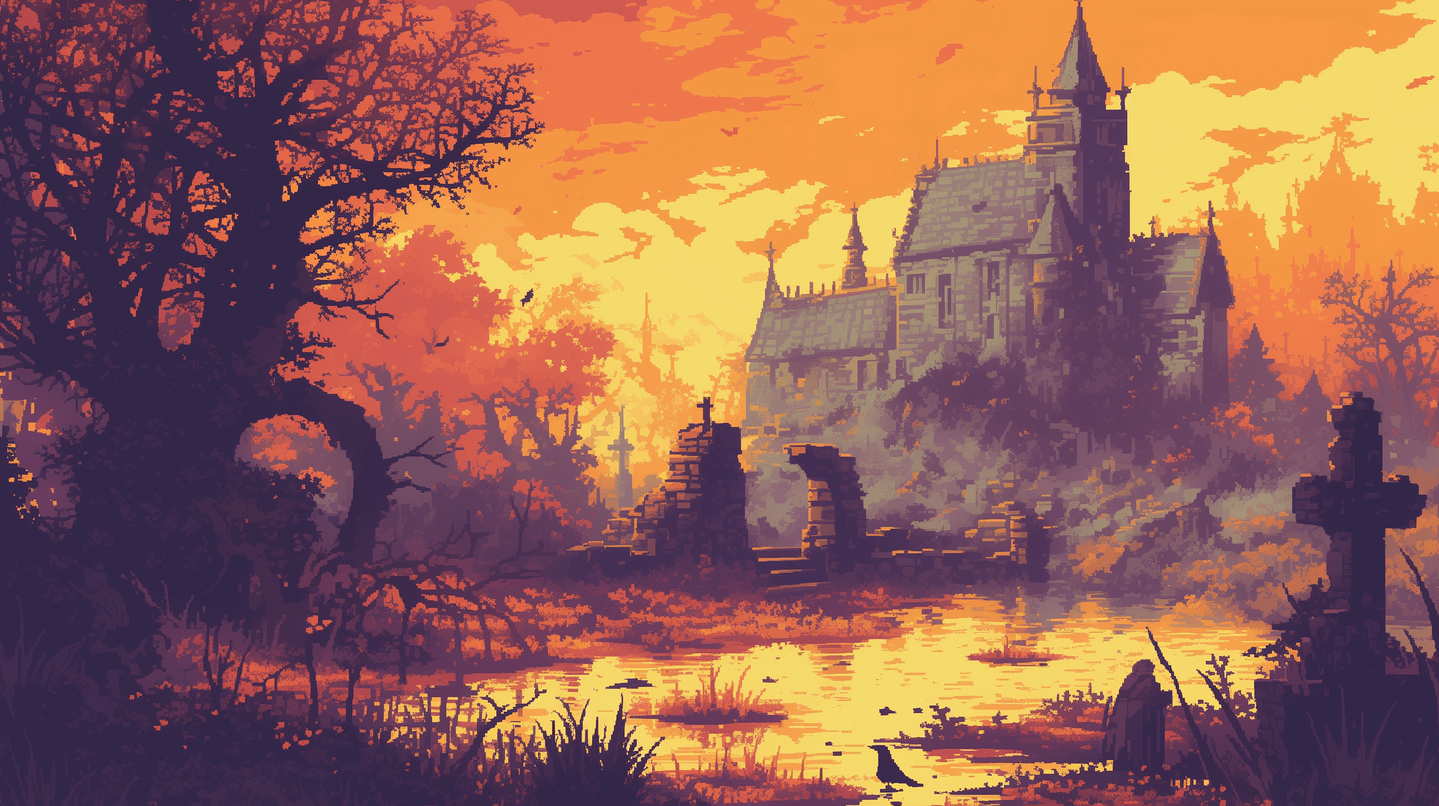 2912x1632 Medieval Cemetery Pixel Art Church Wallpaper HD