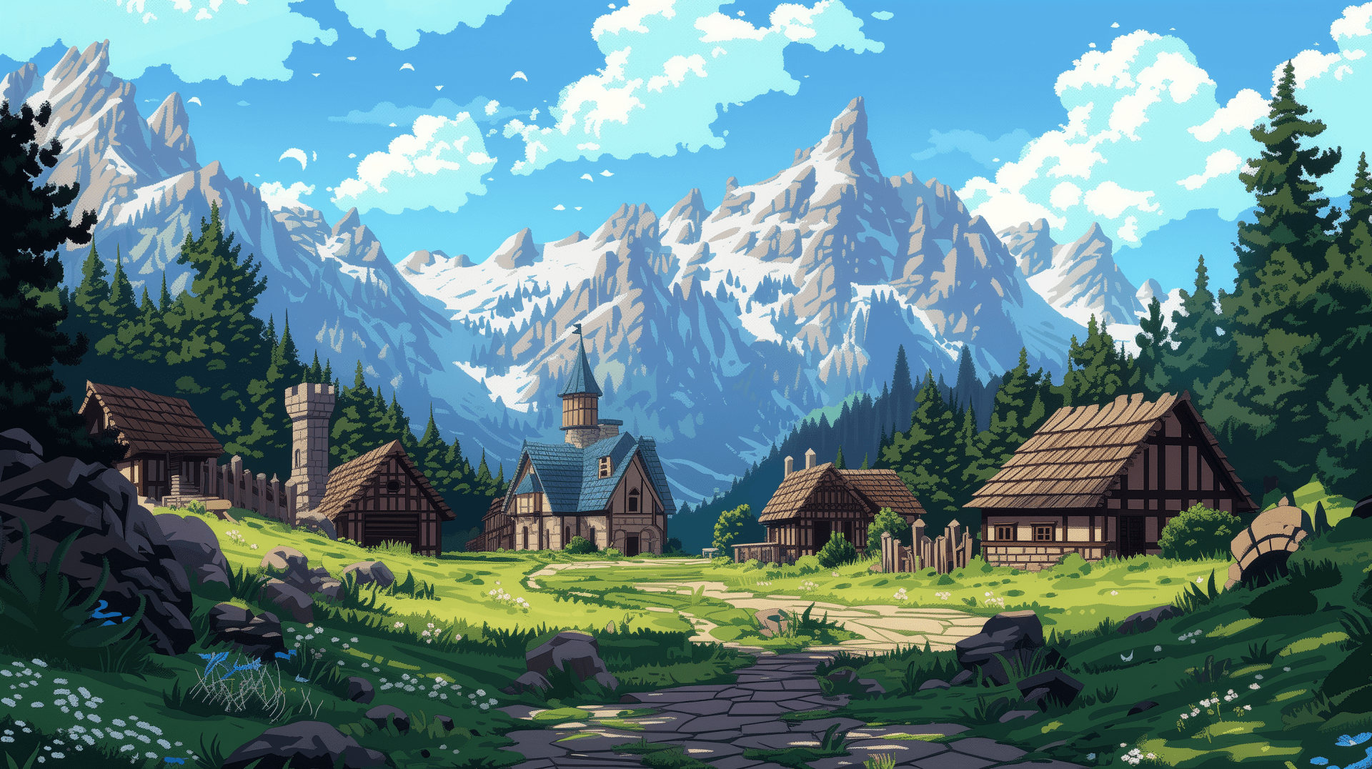 1920x1076 Pixel Art Mountain Village Town HD Wallpaper