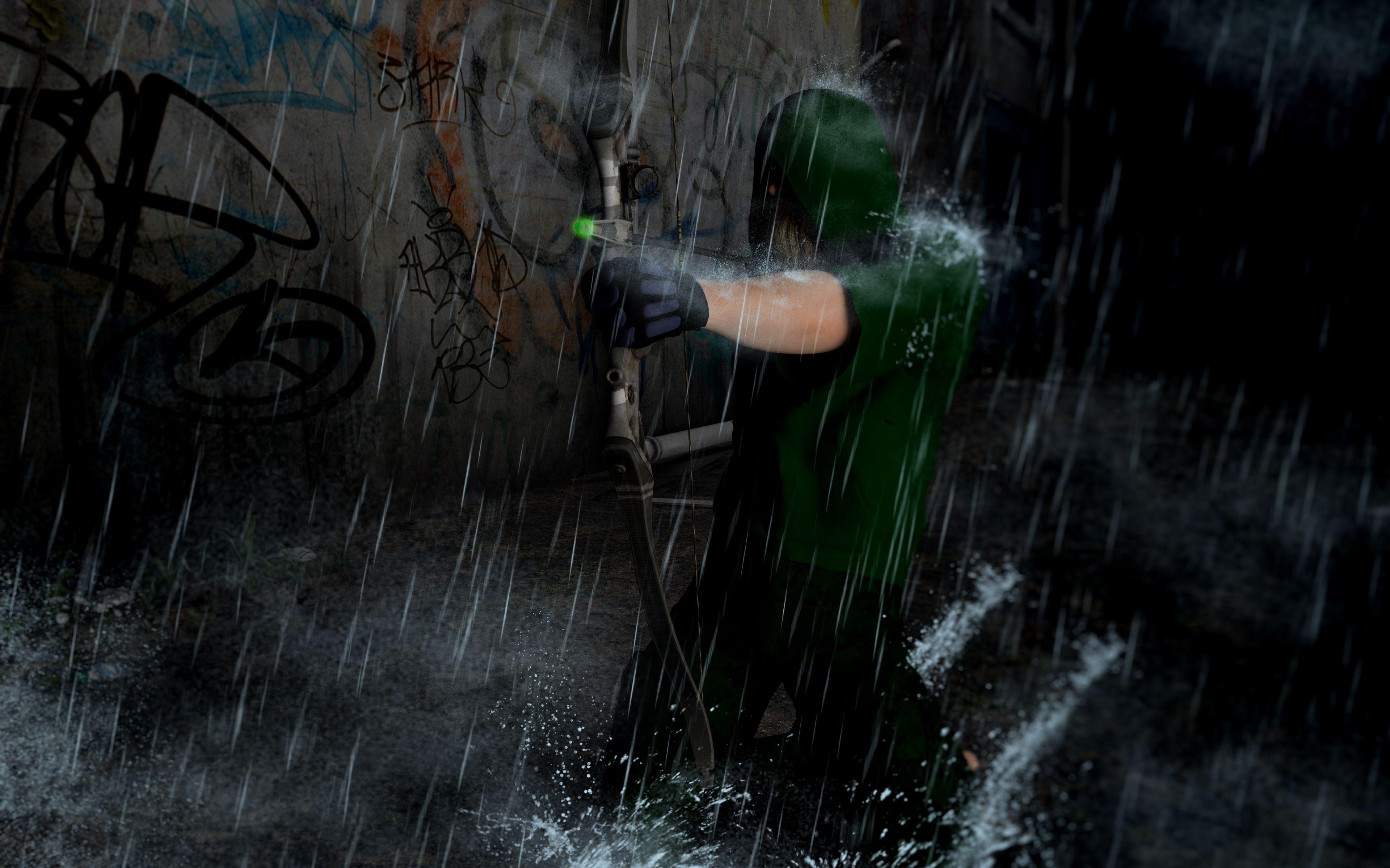 3840x2400 Download Green arrow, archer, rain, superhero, artwork wallpaper