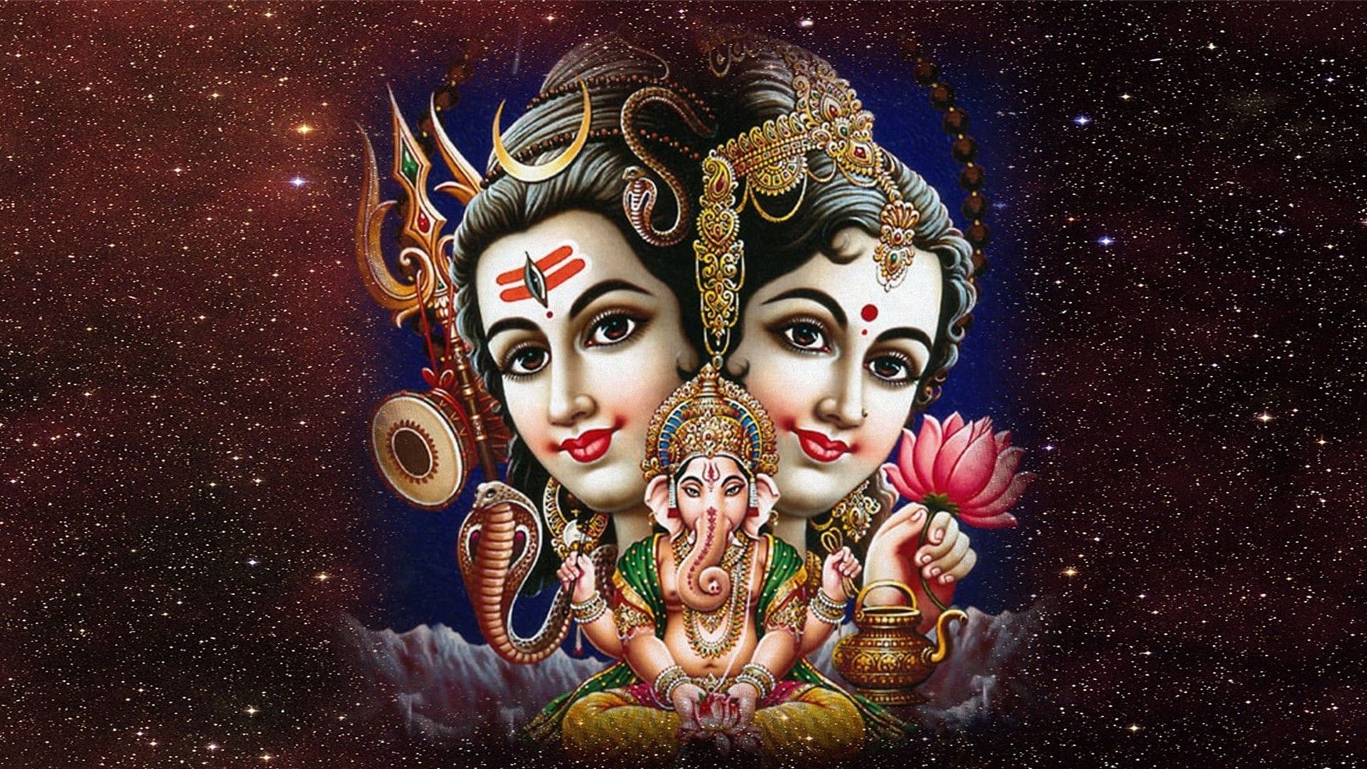 1920x1080 Shiva Parvati Ganesha In Glittering Sky Background HD Shiva Wallpaper