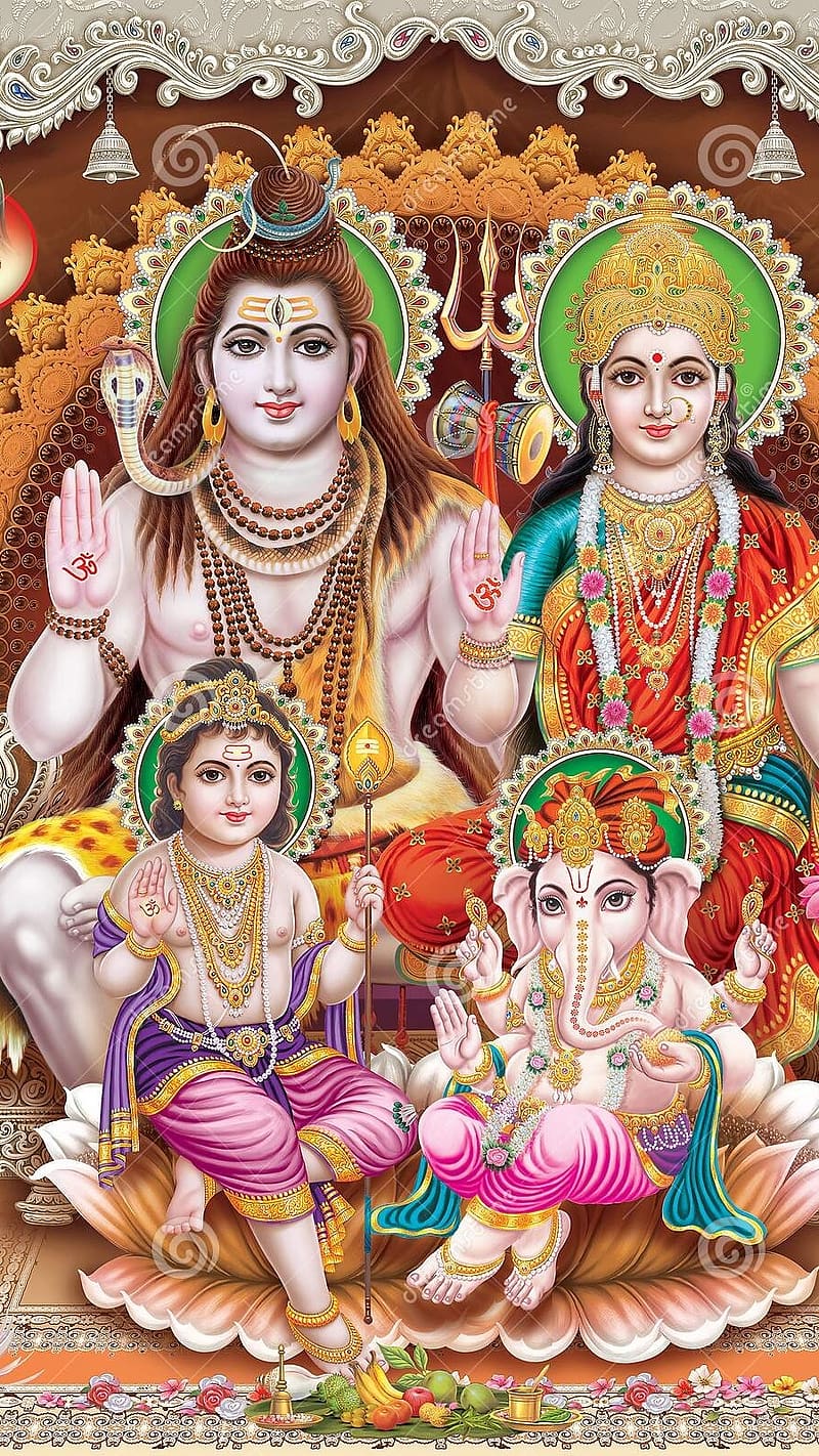 800x1422 Shiv Parvati Family with little Ganesha and Kartika, shiv parvati, family, little ganesha, HD phone wallpaper