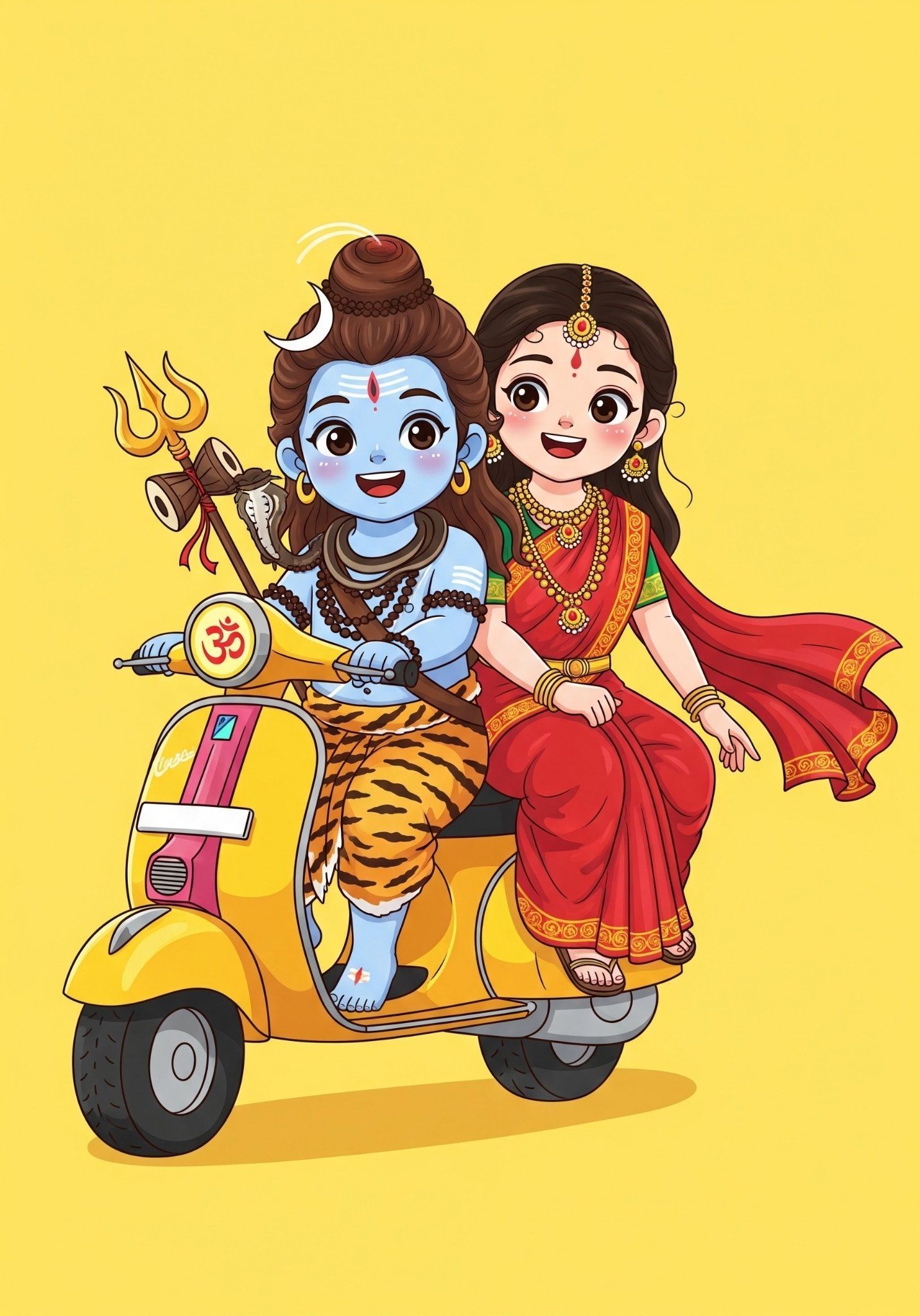 1433x2048 Cute Cartoon of Lord Shiva and Goddess Parvati Riding Scooter