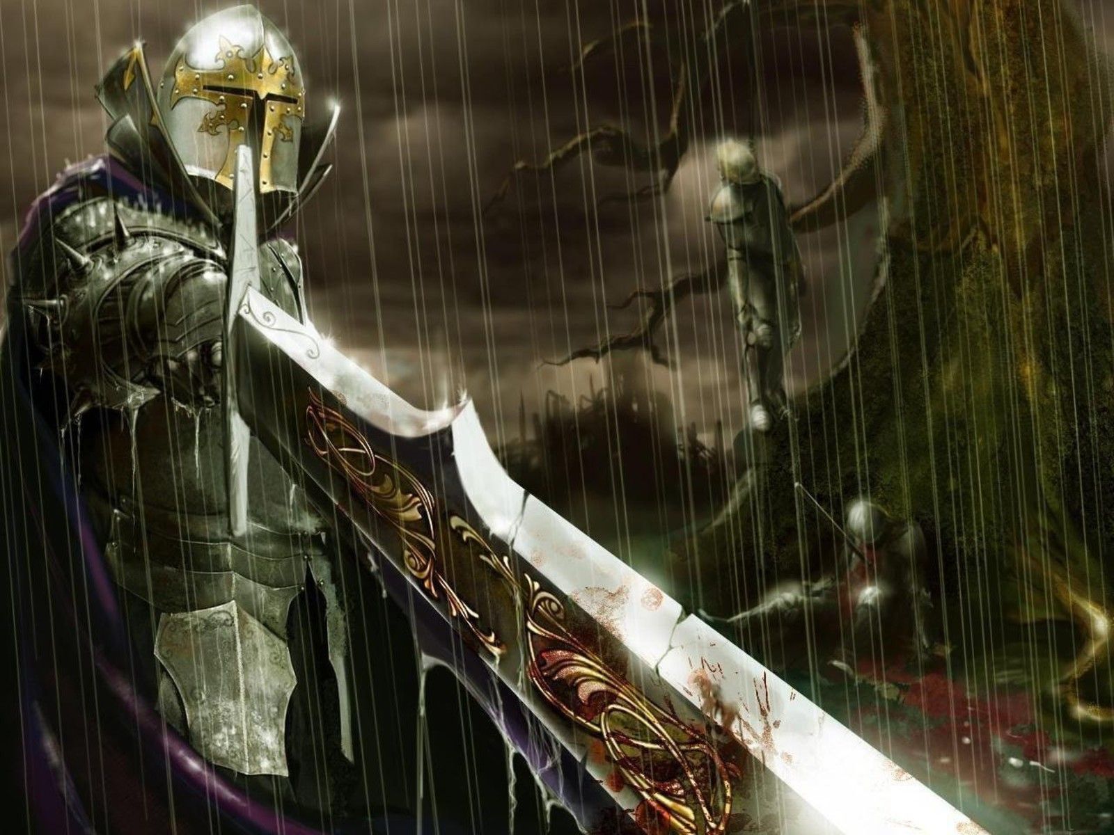 1600x1200 Phone wallpaper: Knight, Rain, Fantasy, Sword 159588