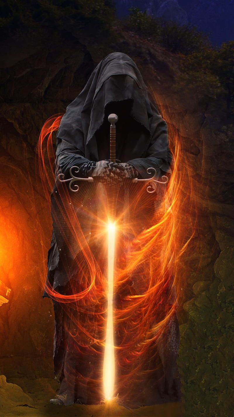 800x1422 Horror, fantasy, fire, light, sword, HD phone wallpaper