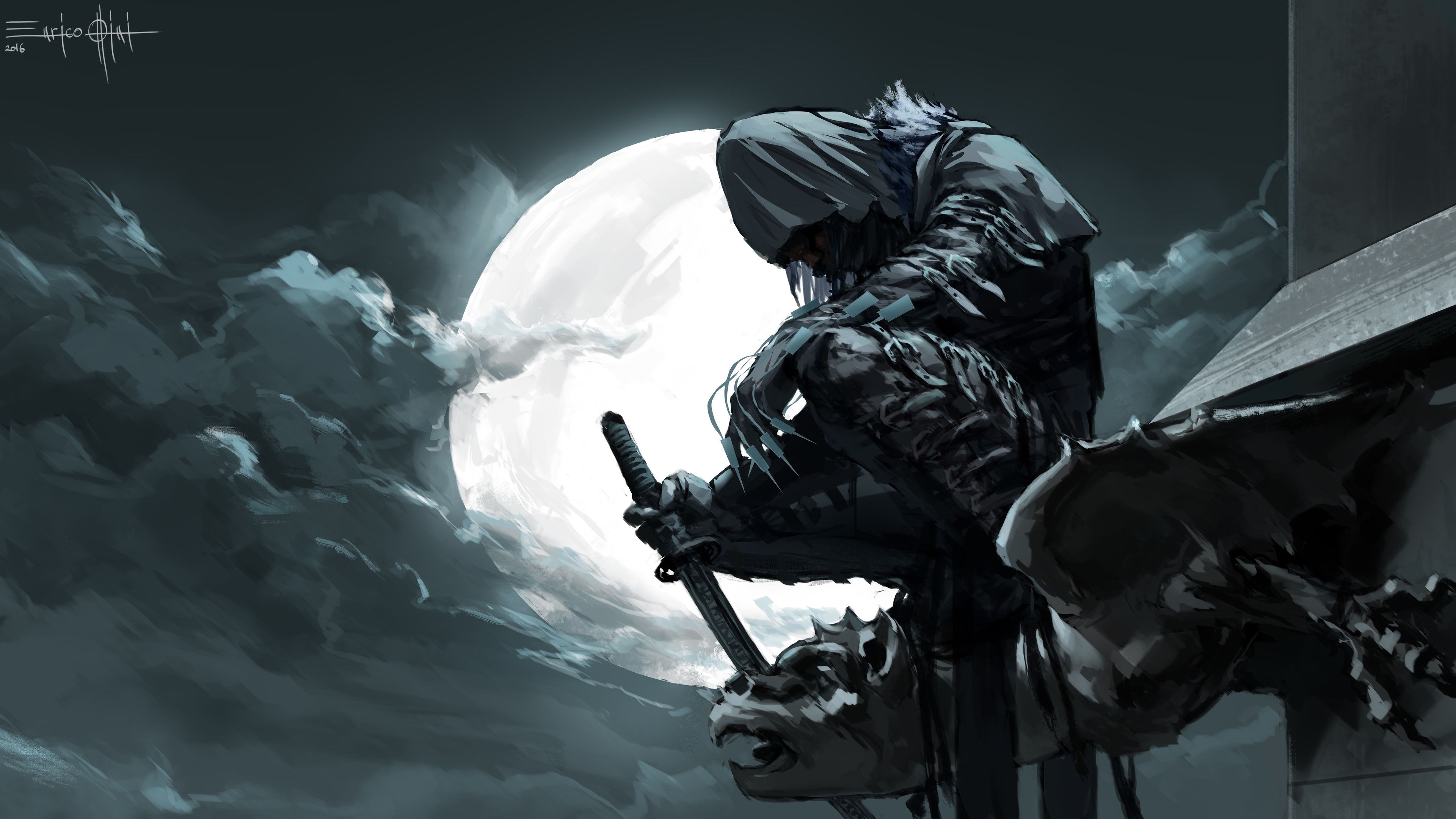 3840x2160 Fantasy Ninja Warrior With Sword Moon Background 4K HD Warrior Wallpaper