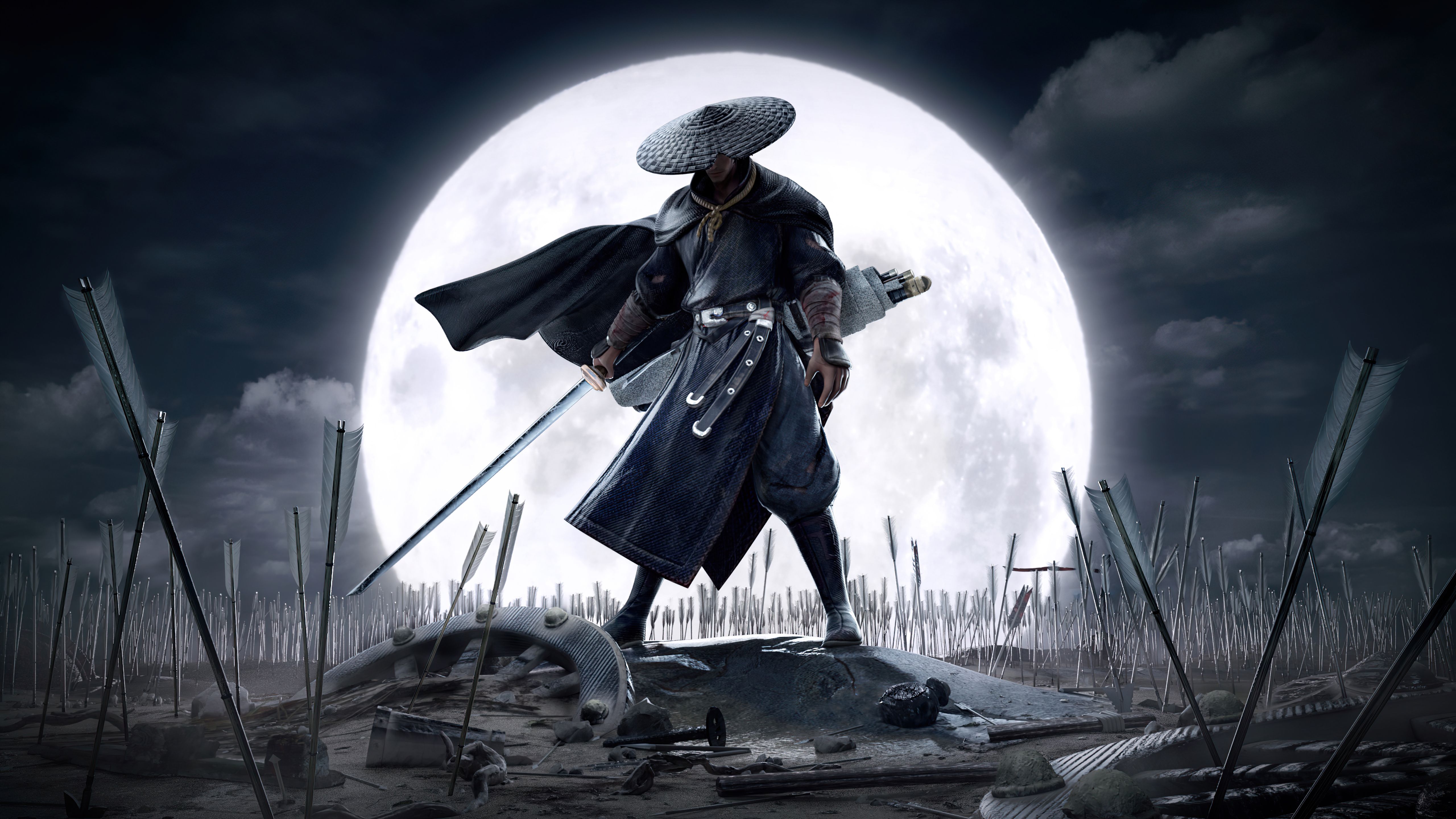 5120x2880 Fantasy Samurai 4K, Moon, Warrior, Sword, HD Wallpaper