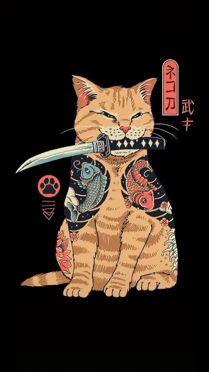 674x1198 Retro Samurai cat wallpaper