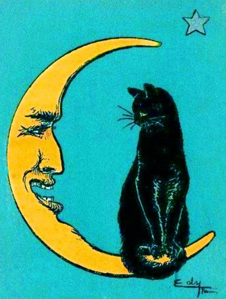 792x1050 Halloween Black Cat Gold Moon light blue background Old art