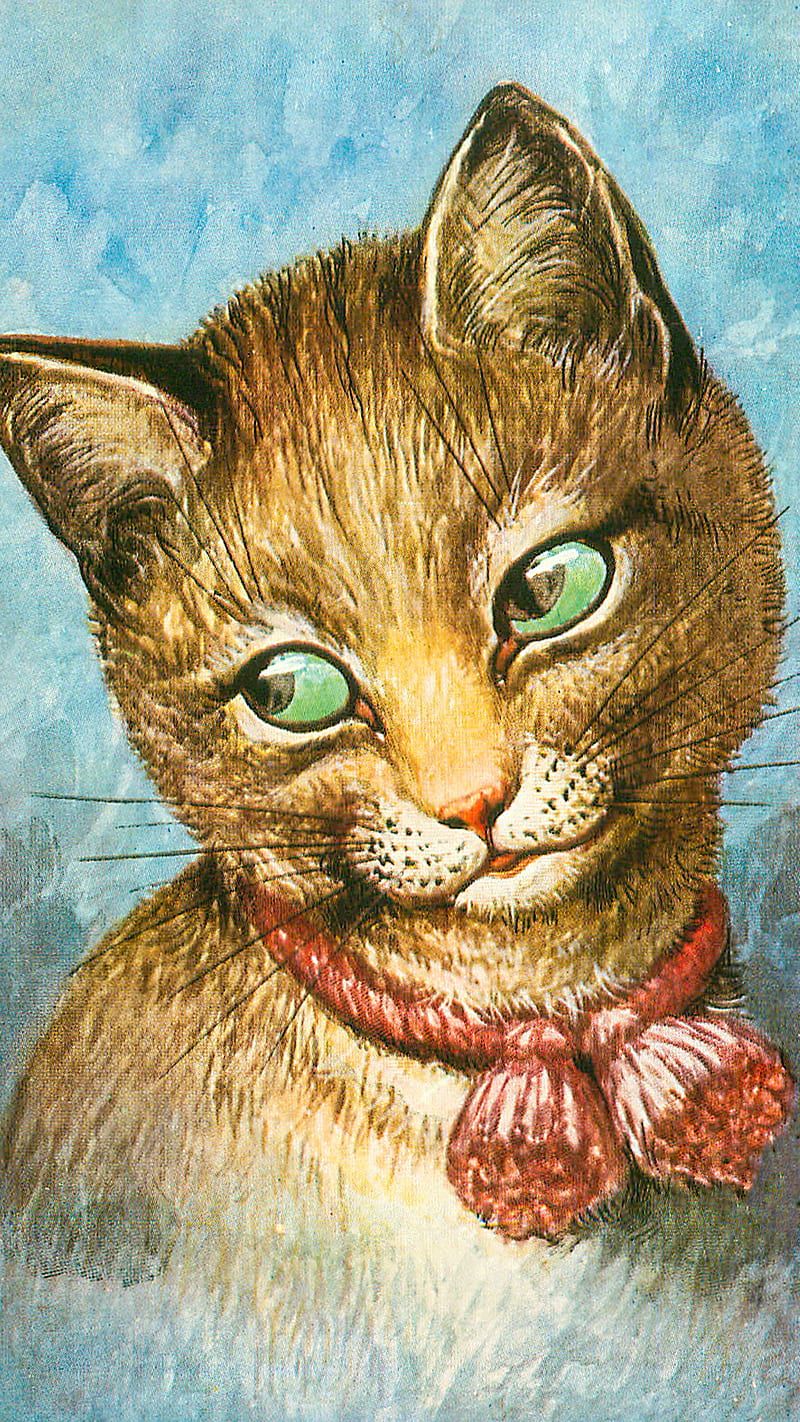 800x1422 Vintage Cat, cat with green eyes, tabby cat, vintage cat, vintage cat painting, HD phone wallpaper