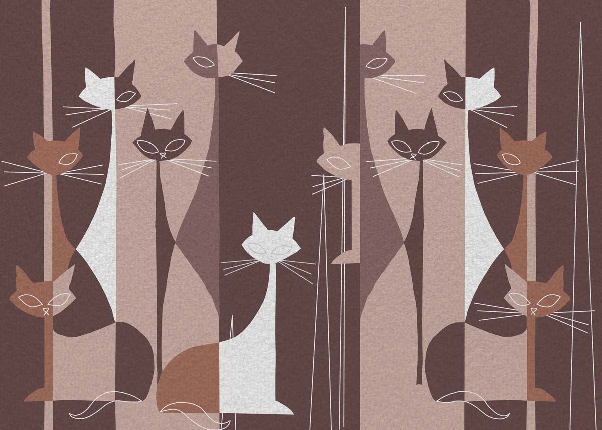 1200x857 Cat Mat, Stylized Cats in Retro Cocoa Stripes Wallpaper Mural