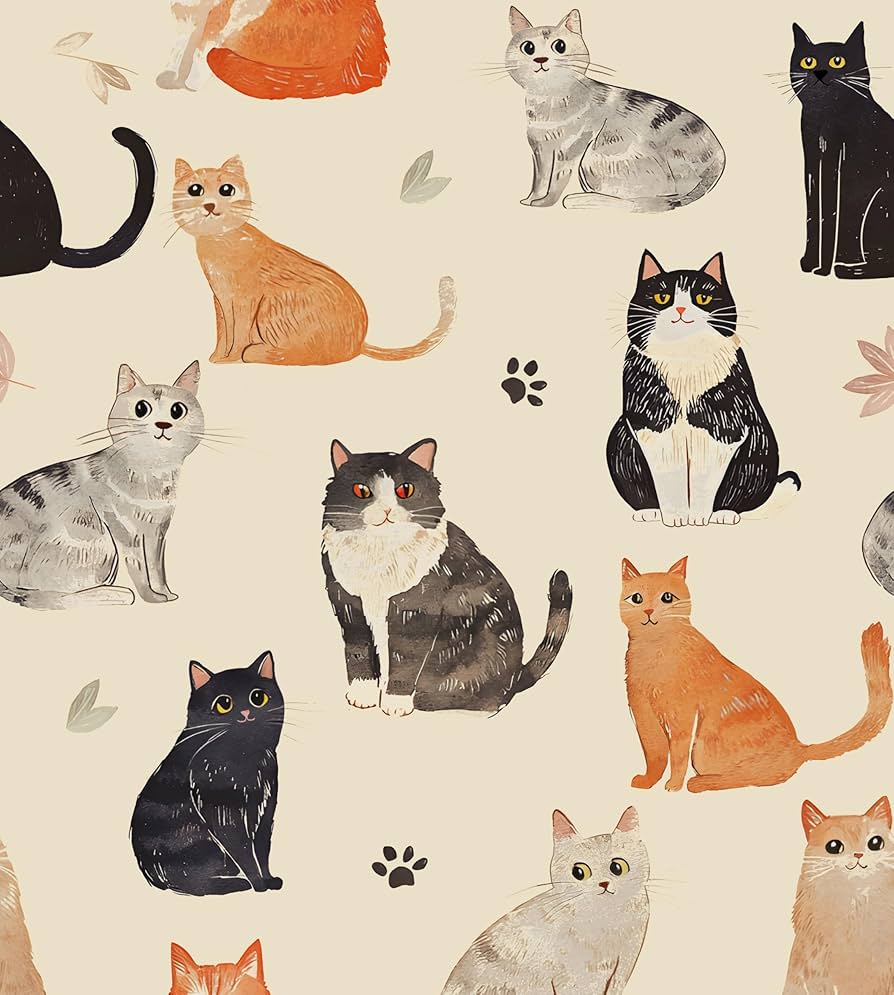 894x995 Cat Wallpaper Peel and Stick, Vintage Beige Animal Contact Paper, Retro Nursery Children Room Wall Paper Self Adhesive Removable Waterproof for Bathroom Walls Shelves Cabinet Table Decor 17.5 x 118