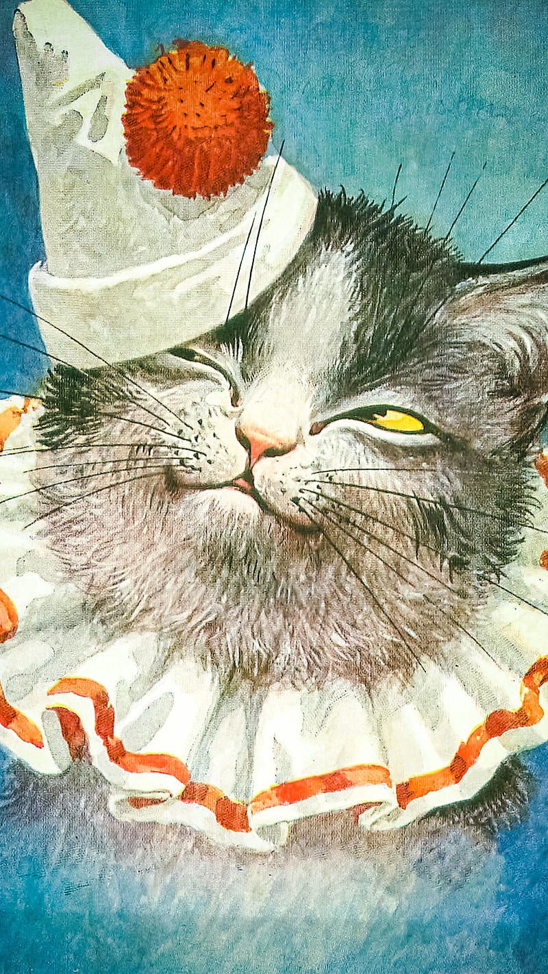 800x1422 Vintage Cat Clown, antique painting, antique, cat in clown suit, cute cat, vintage cat, HD phone wallpaper