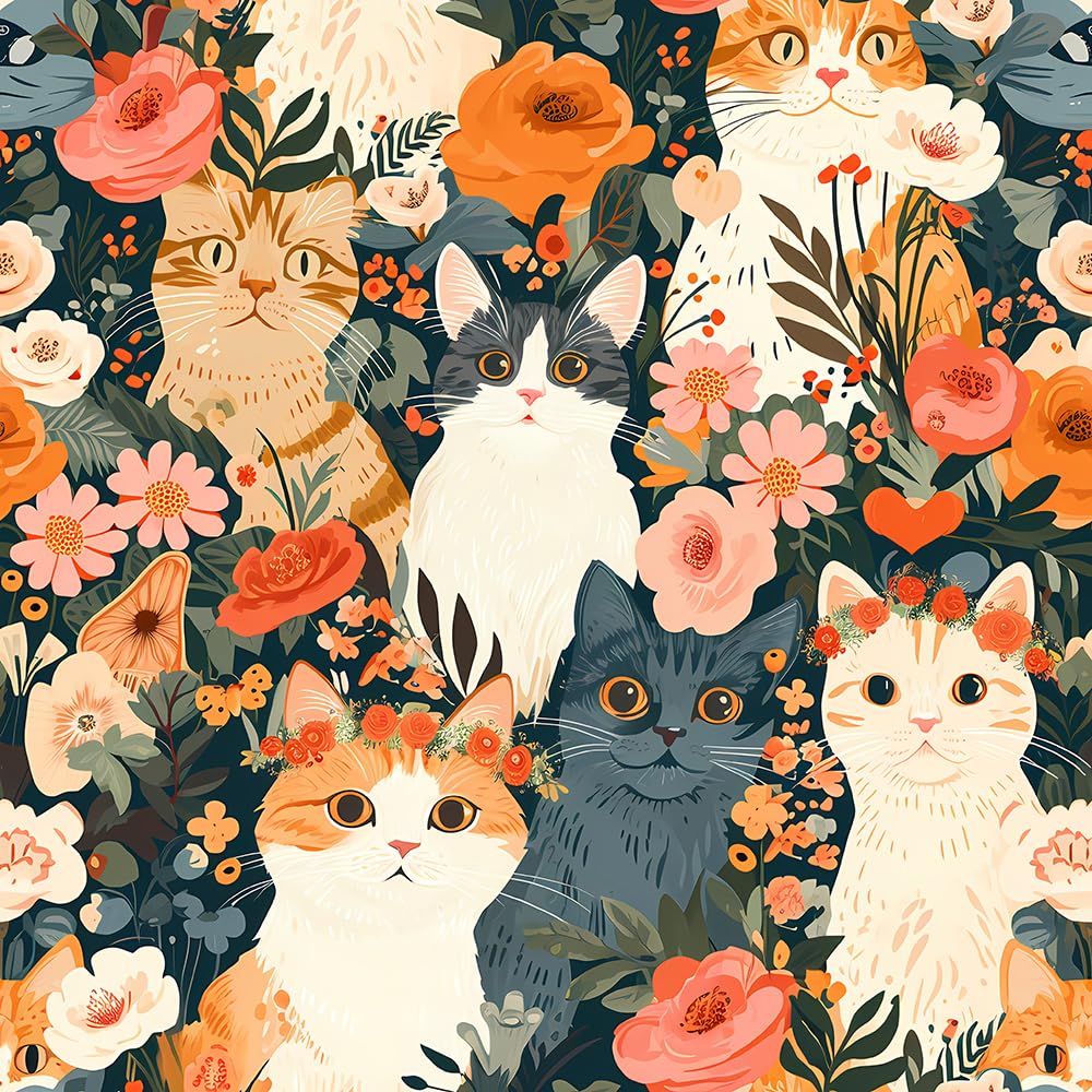 1000x1000 Pink Peel And Stick Wallpaper REDAMANCY Peel And Stick Wallpaper. Vintage Cat Flower Garden Pattern. Removable Contact Paper For Furniture Cat Wallpaper