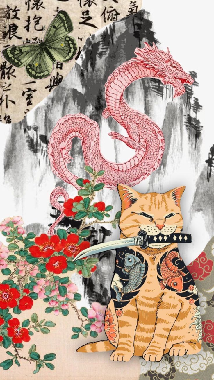 736x1308 wallpaper #vibes #japanese #art #vintage #cat #traditional