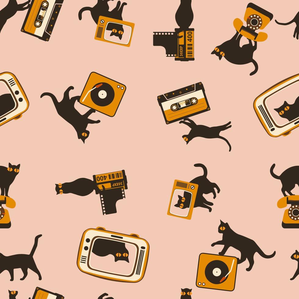 980x980 Seamless pattern silhouettes of the cat with retro media icon, different poses on color background, Cute and funny vector