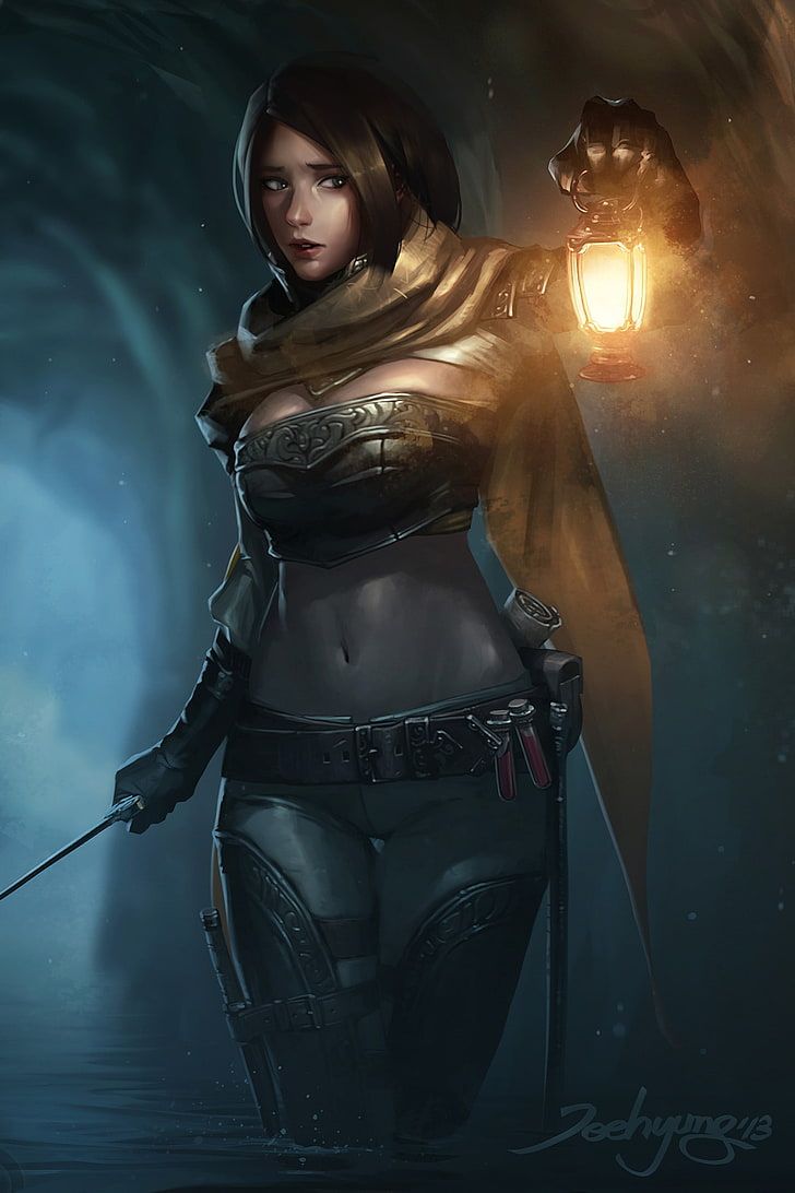 728x1092 HD wallpaper: female game character carrying knife and lantern wallpaper, fantasy art