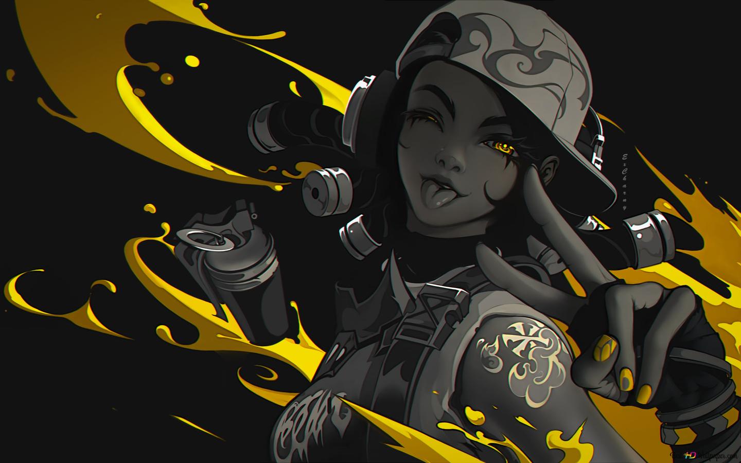 1440x900 Valorant video game anime girl character on gray yellow background 2K wallpaper download
