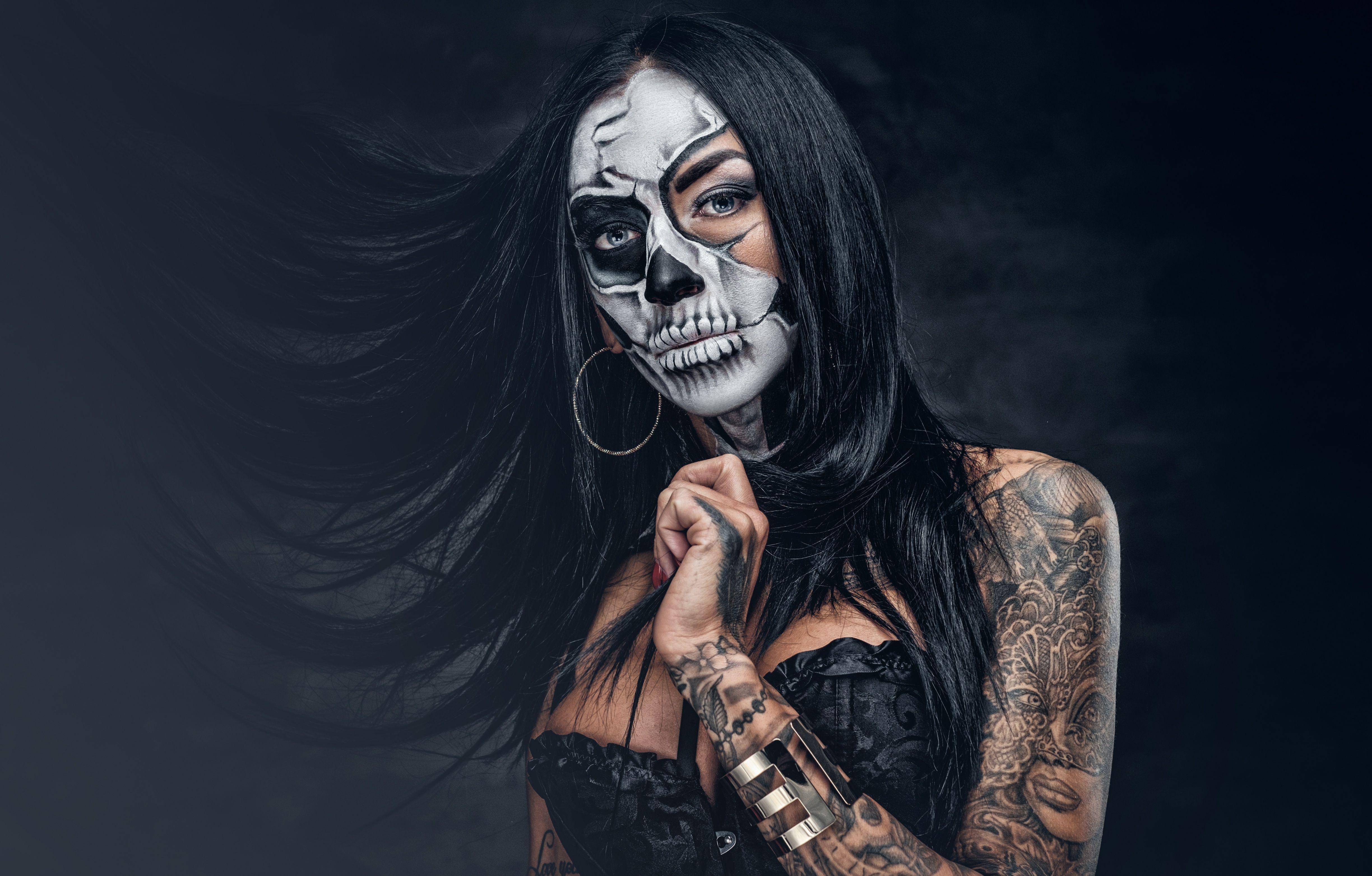 4896x3126 Desktop Wallpaper Tattoos Brunette girl Makeup day of the 4896x3126