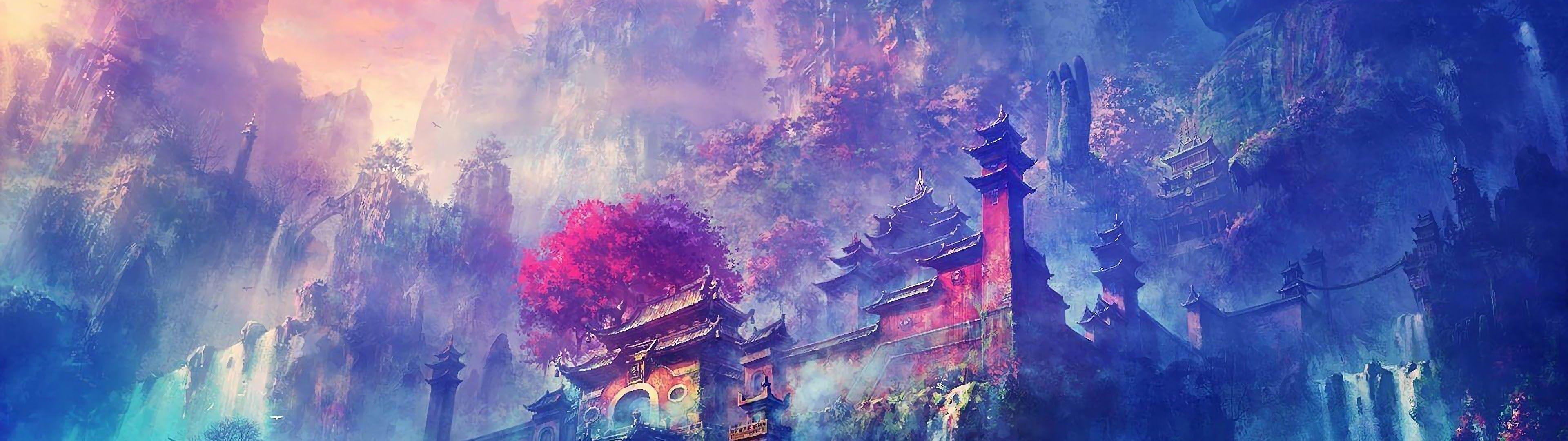 3840x1080 Buddha Oriental Castle Scenery Anime 4K Wallpaper