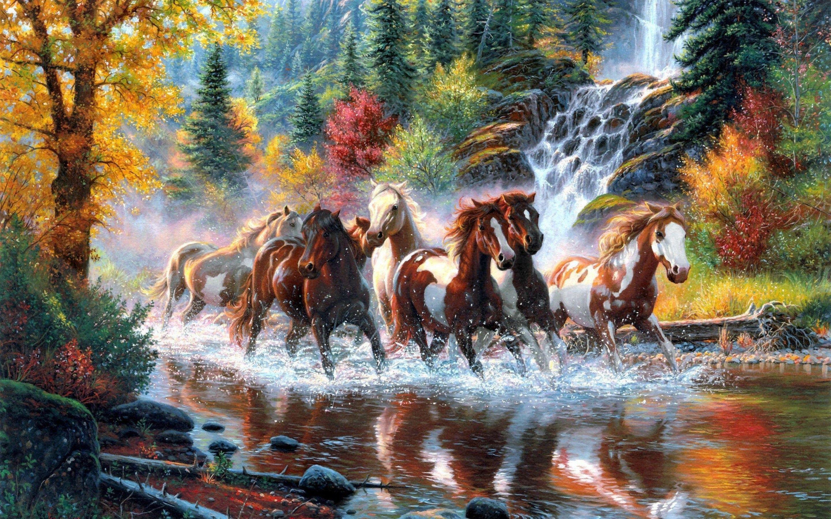2880x1800 Artwork, Wester, American, Native, Woods, Tree, Waterfall