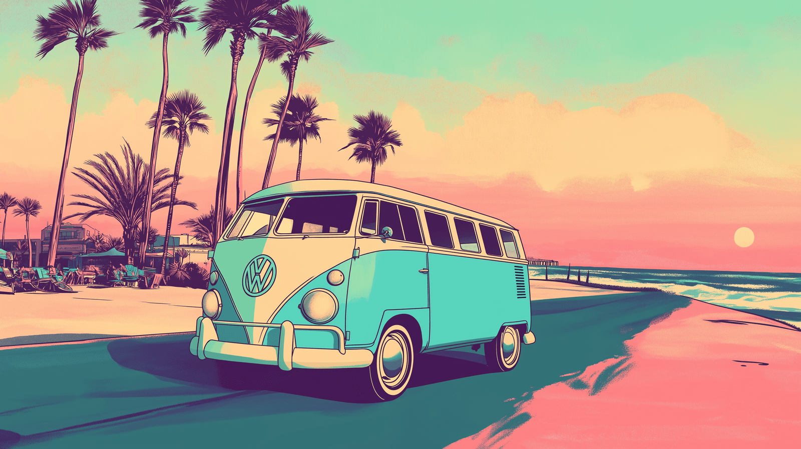 1600x897 Mural Wallpaper vintage. Volkswagen van on a sunny beach