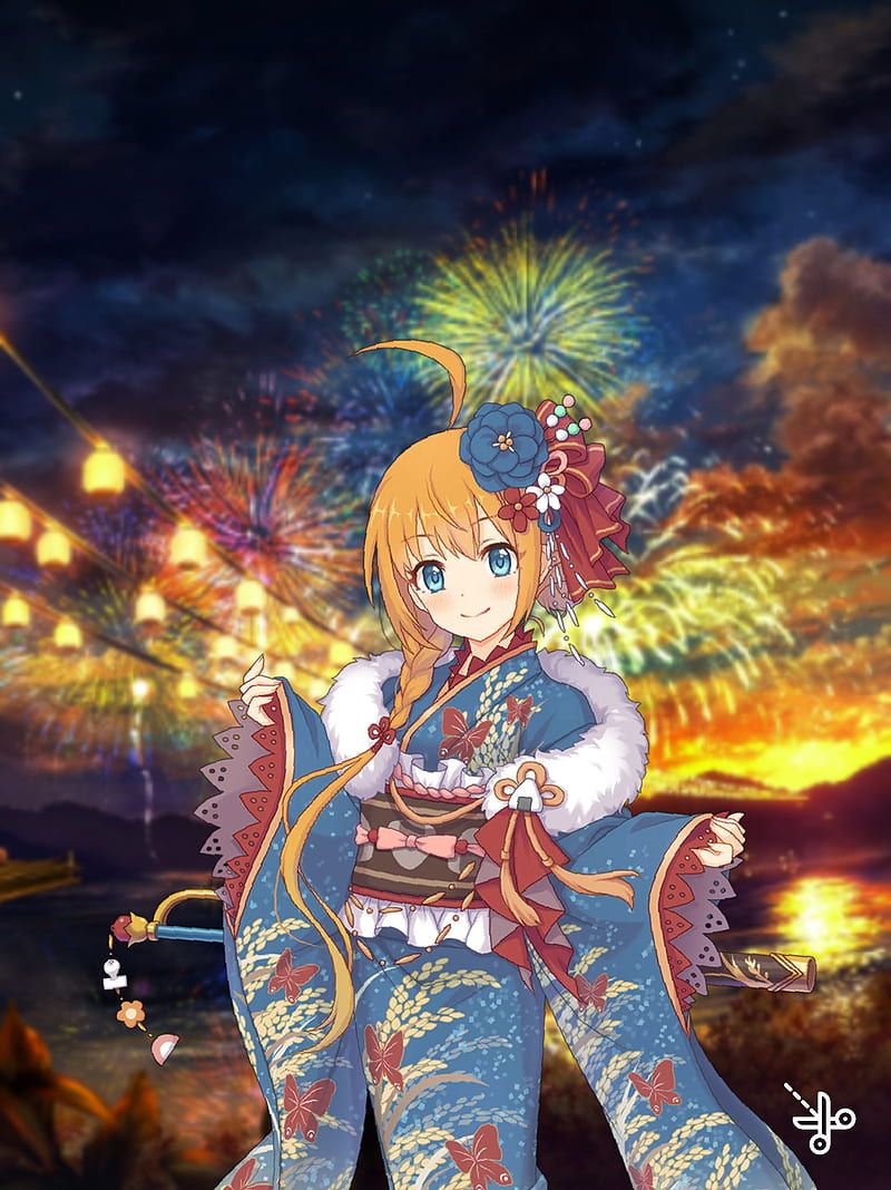 800x1068 Pecorine New Year, anime, bonito, cute, fantasy, fireworks, games, japan, new year, HD phone wallpaper