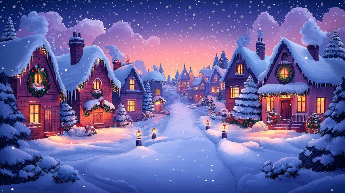 1200x673 Enchanting Snow Covered Village At Twilight Mural Wallpaper. Festive Winter Scene