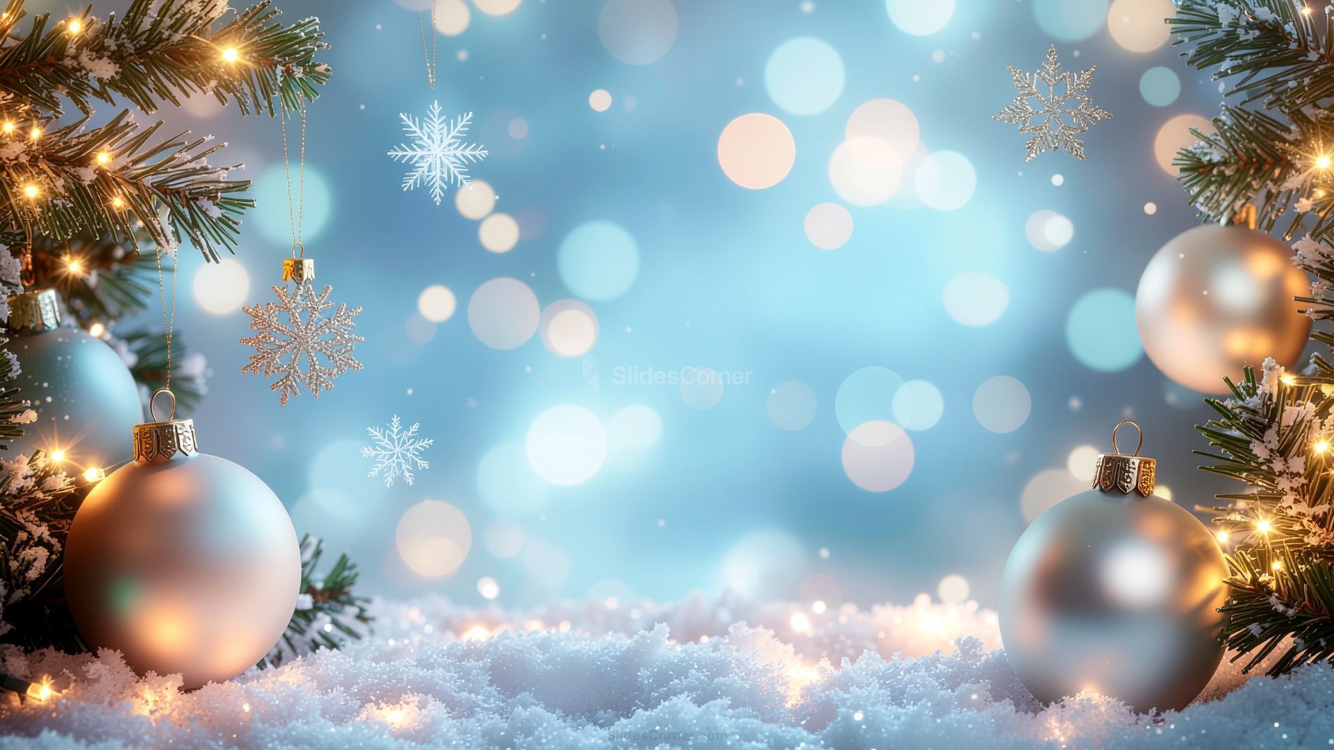 1920x1080 Christmas Powerpoint Background with golden baubles, snow and lights