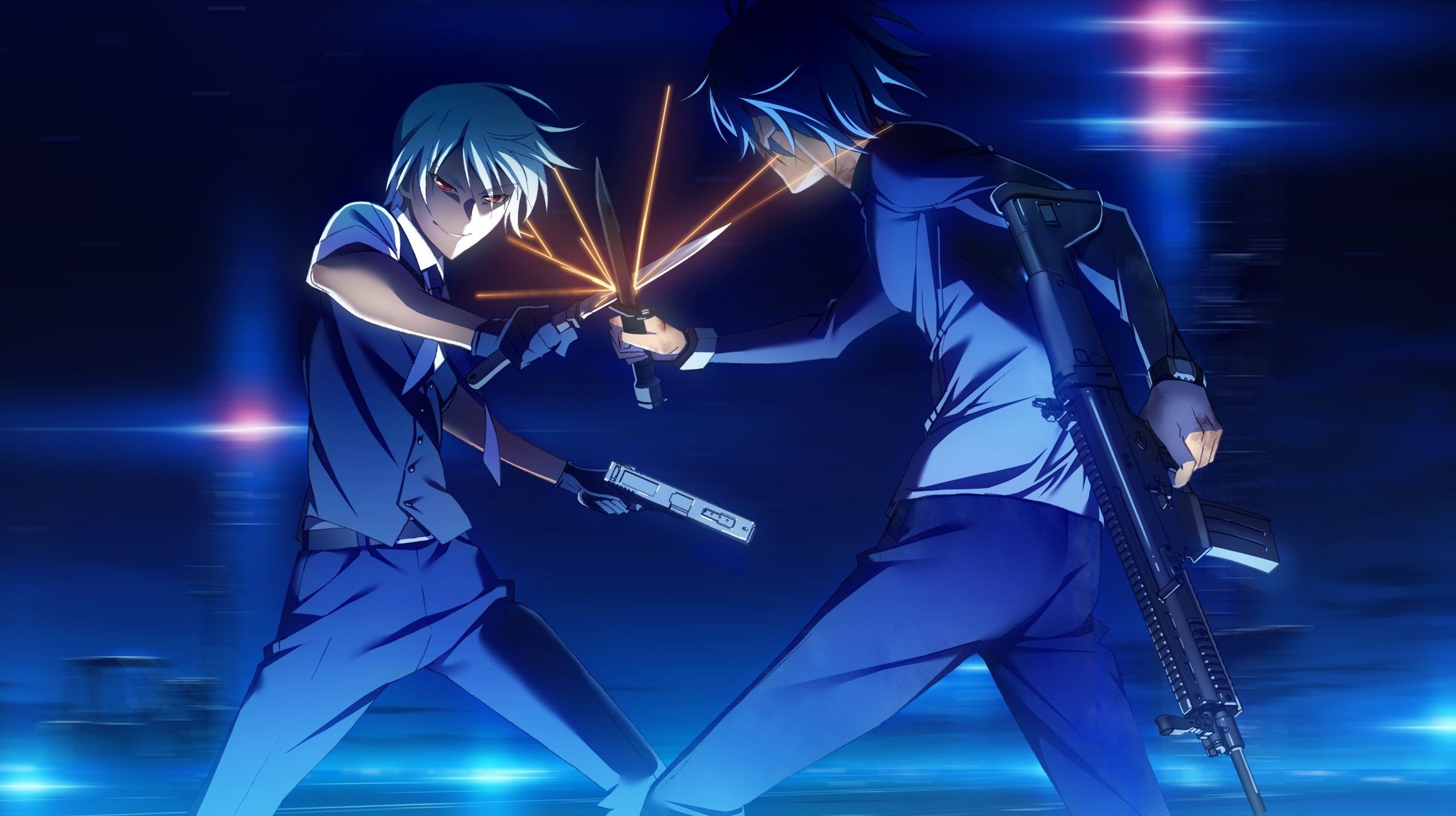 2560x1436 Knife fight in the anime still life in shades of gray Desktop wallpaper 1920x1080