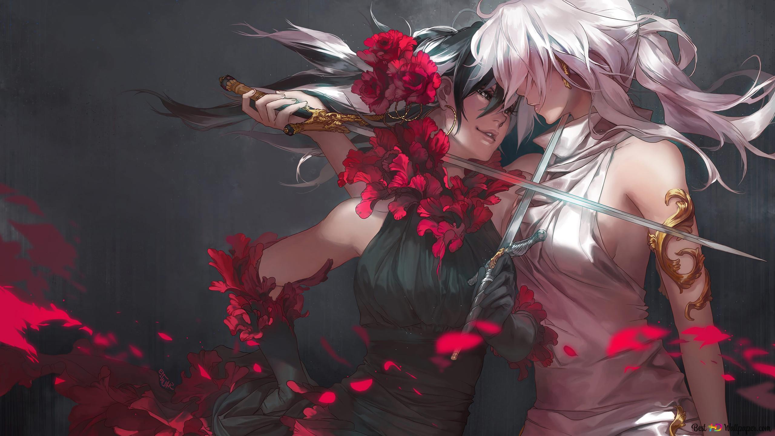 2560x1440 Anime Girl Sword Battle 4K wallpaper download