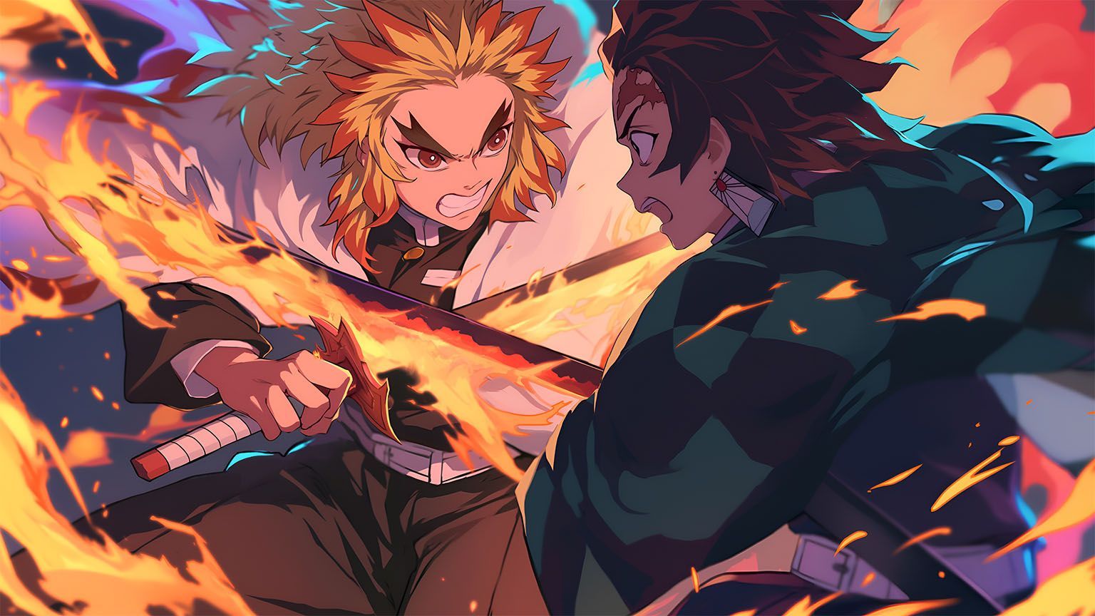 1536x864 Rengoku vs Tanjiro Battle Scene Demon Slayer Desktop Wallpaper
