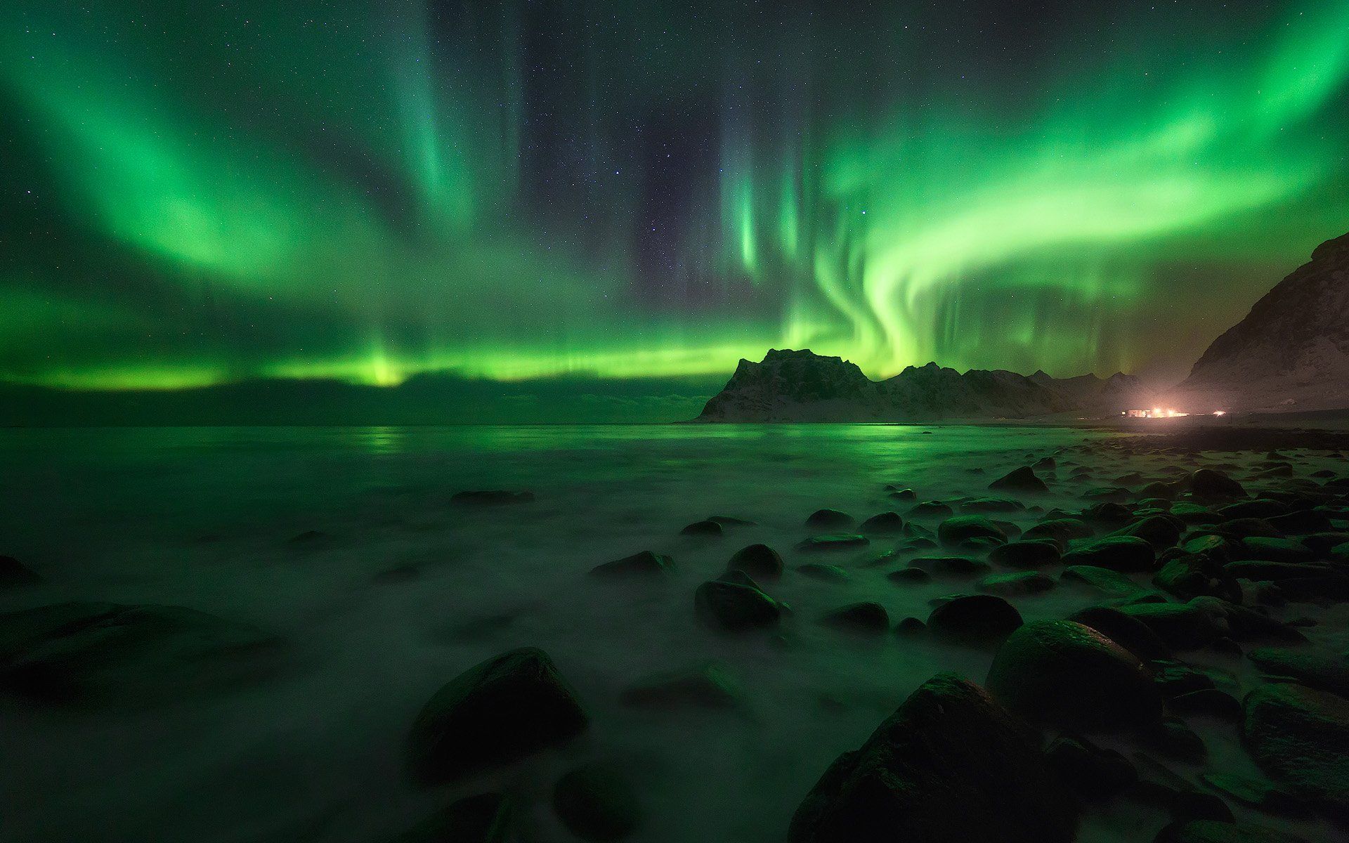 1920x1200 Download Starry Sky Star Horizon Stone Nature Night Light Green Arctic Aurora Borealis HD Wallpaper