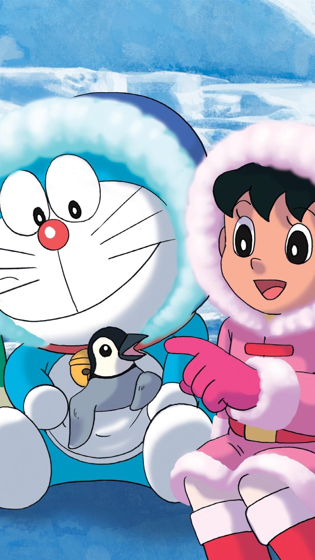1080x1920 Doraemon, Nam Cực Lạnh giá, Tuyết, Chim cánh cụt 1080x1920 IPhone 8 7 6